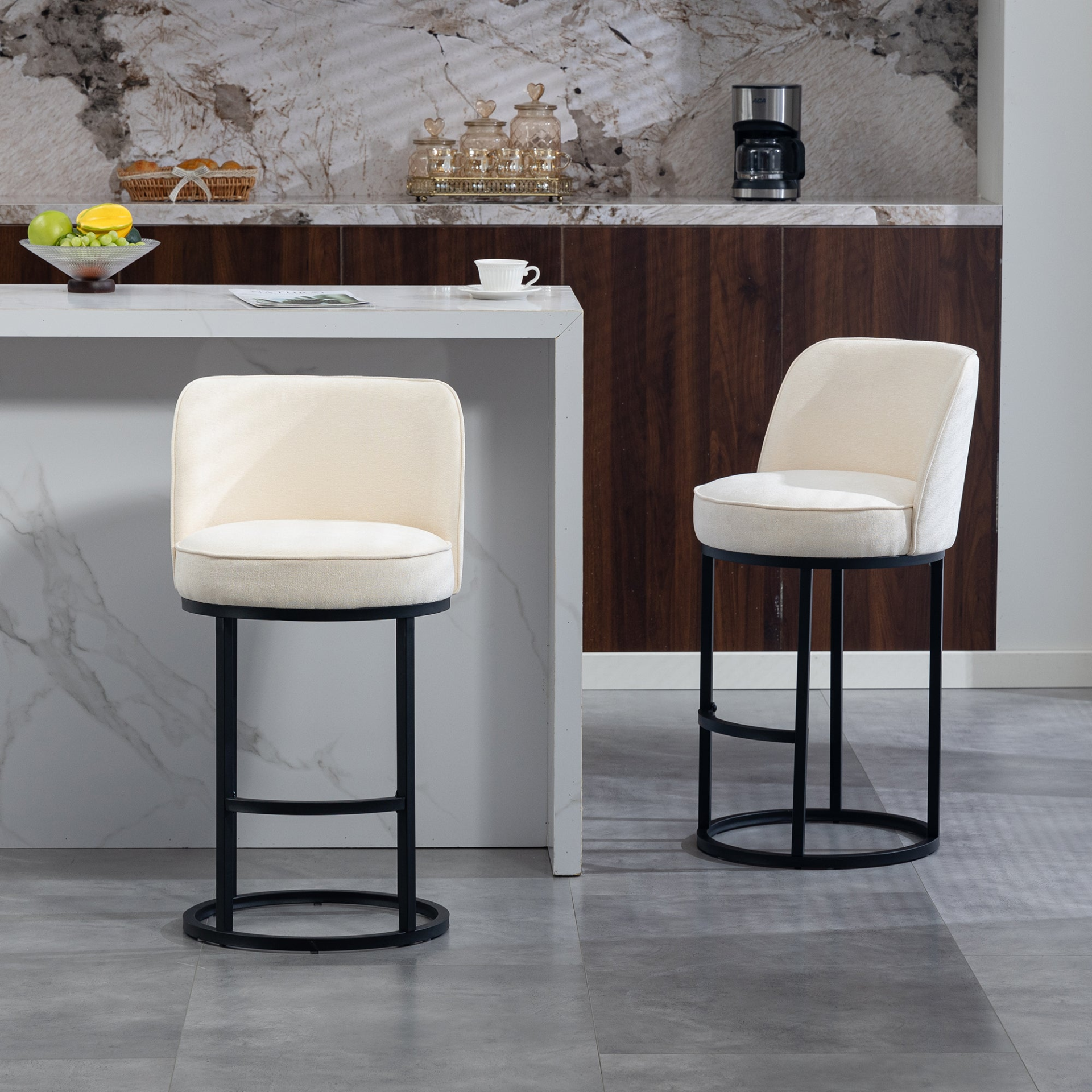Start2Finish modern barrel upholstered accent bar stool with backrest, stylish home seating in a neutral fabric finish.