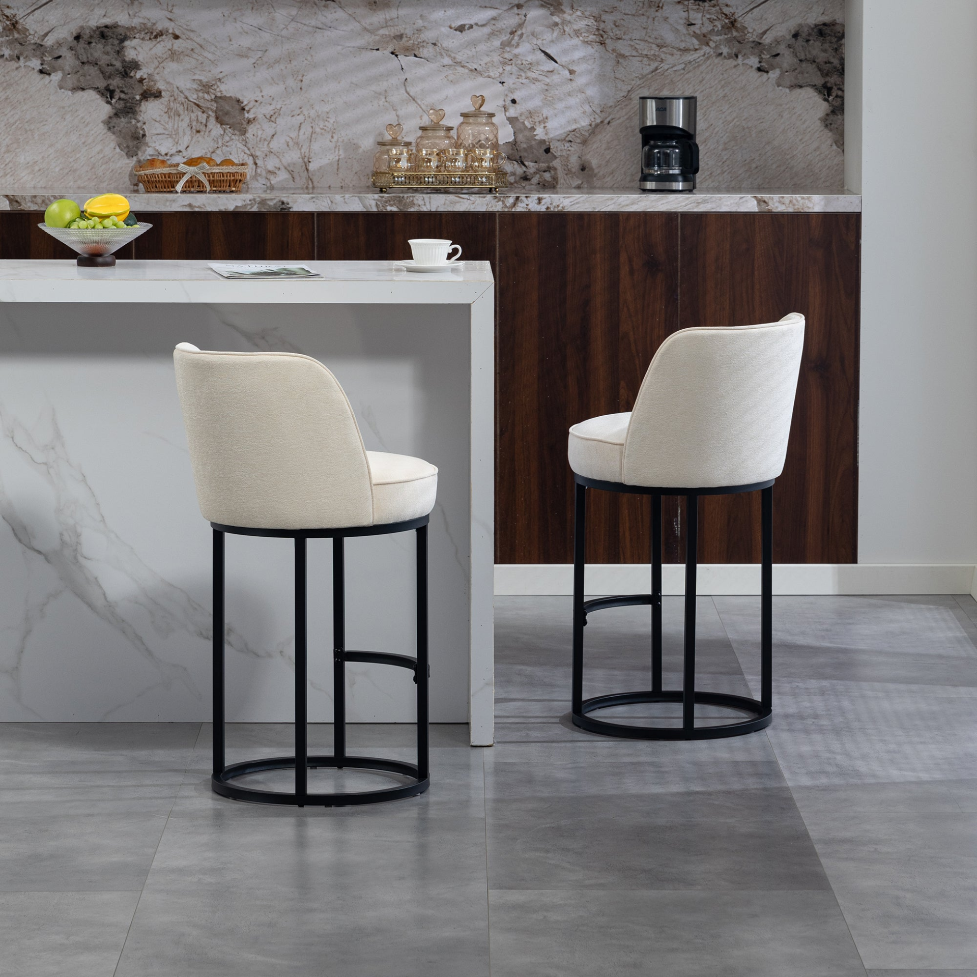 Start2Finish modern barrel upholstered accent bar stool with backrest, stylish home seating, black fabric and wooden legs.