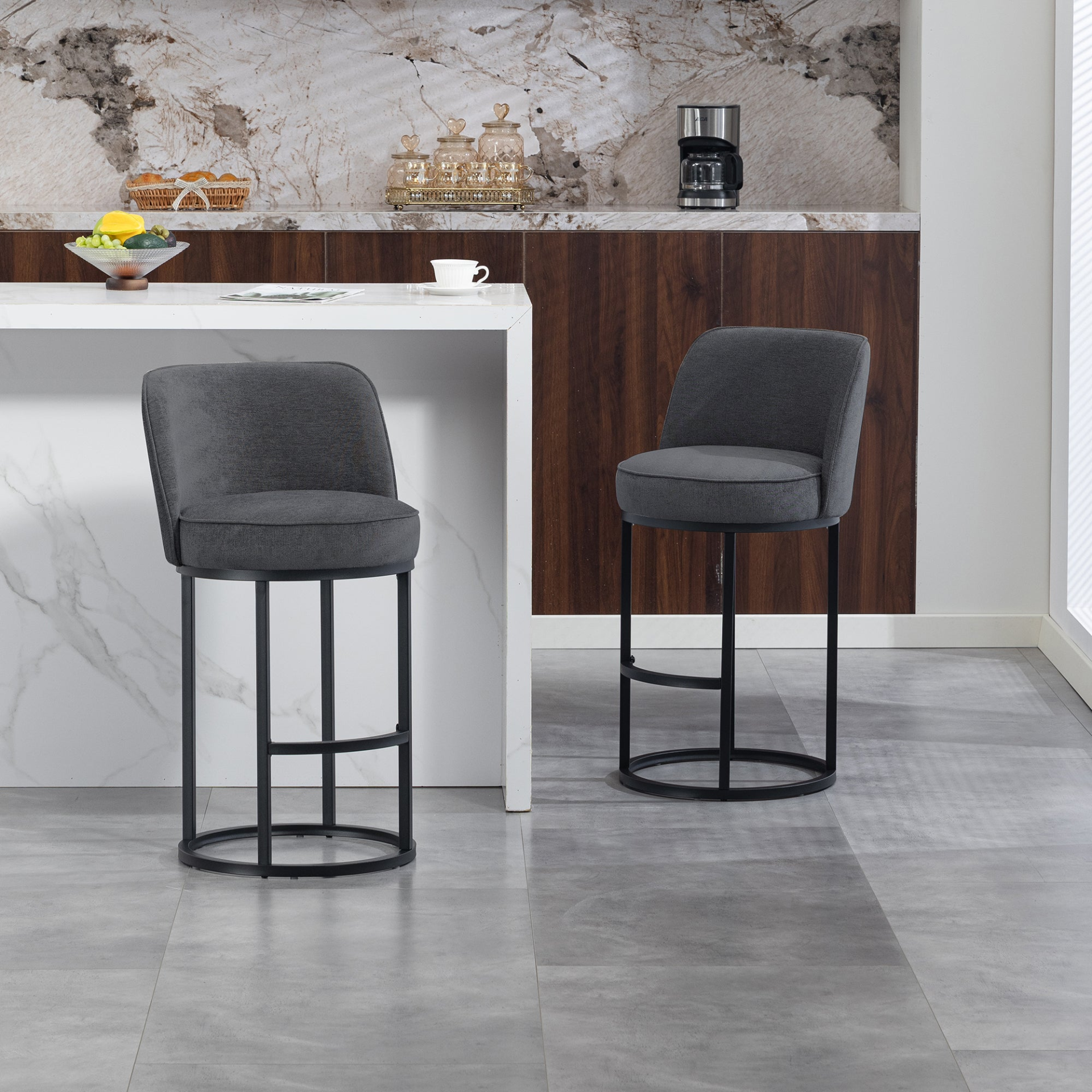 Start2Finish modern barrel upholstered accent bar stools with backrests, stylish home seating with plush cushions and sleek design.