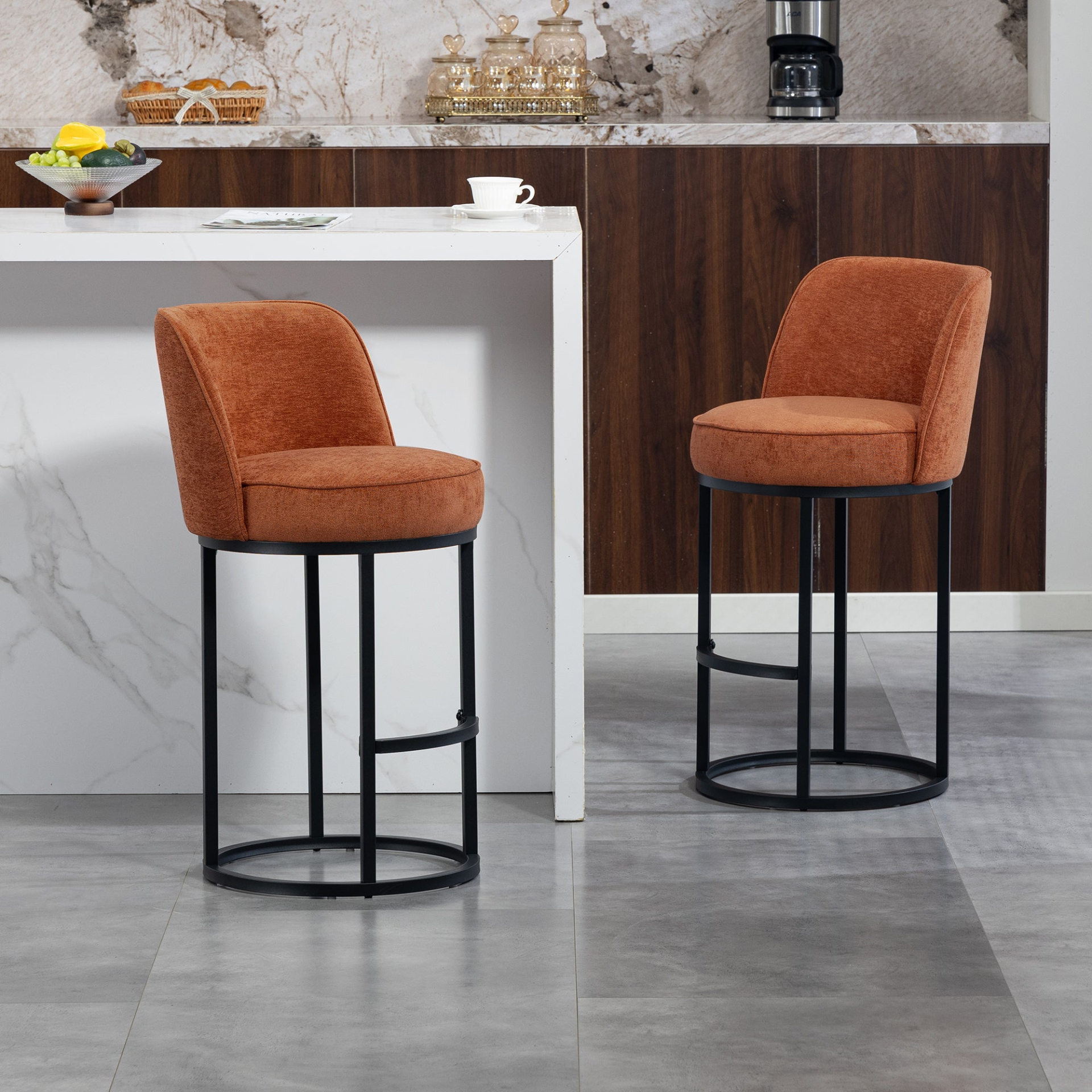 Start2Finish modern barrel upholstered accent bar stool with backrest, stylish home seating, black fabric, wooden legs.