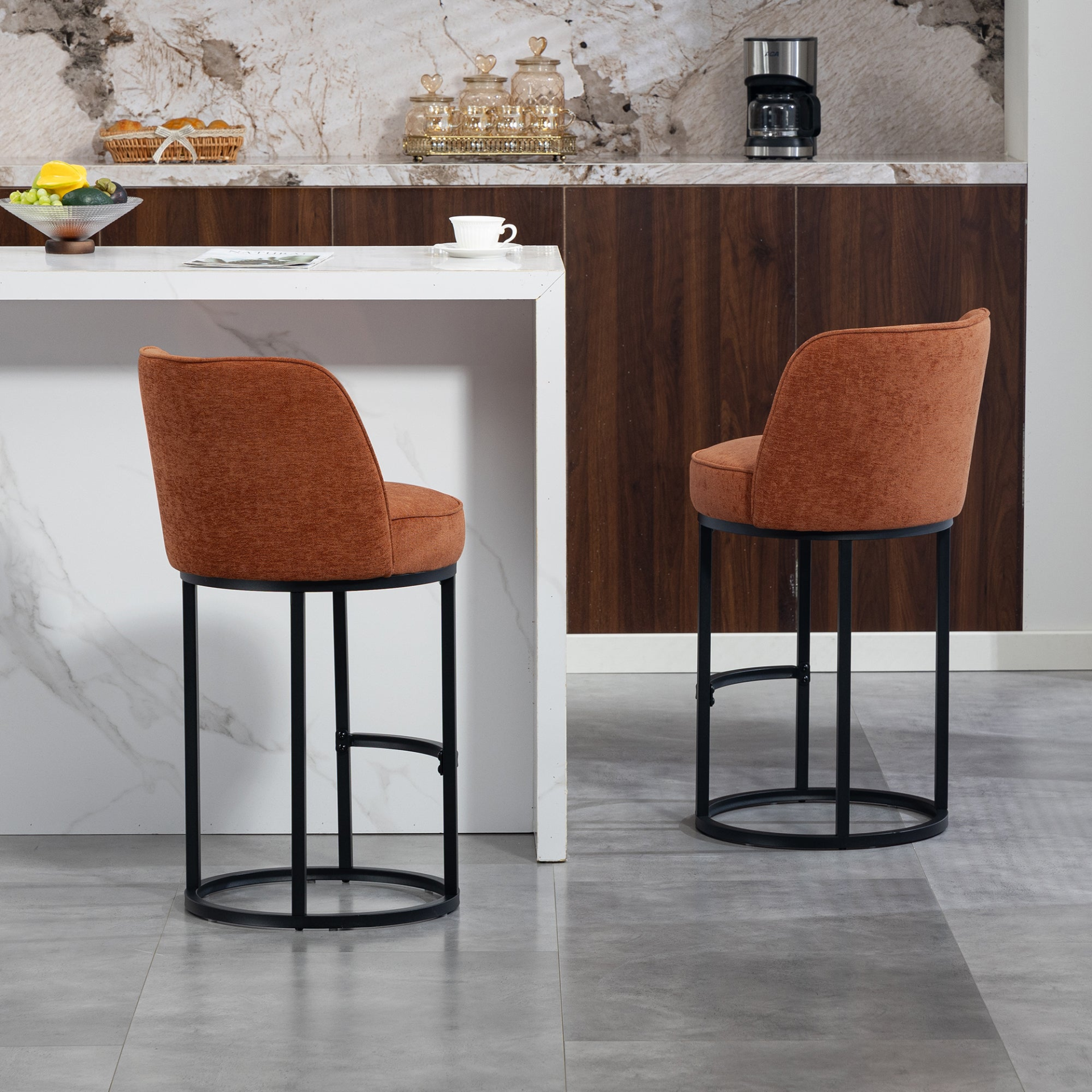 Start2Finish modern barrel upholstered accent bar stool with backrest, stylish home seating with a sleek design and comfortable cushioning.