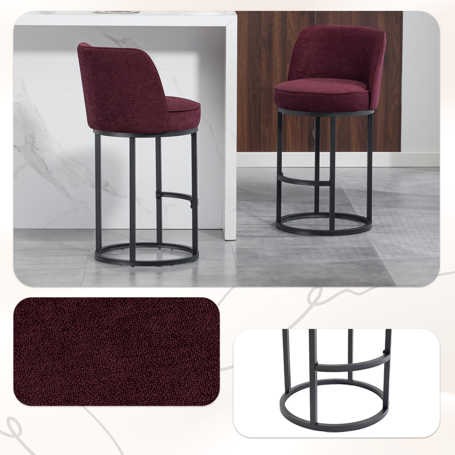 Modern barrel upholstered accent bar stool with backrest from Start2Finish, featuring stylish home seating and plush cushioning.