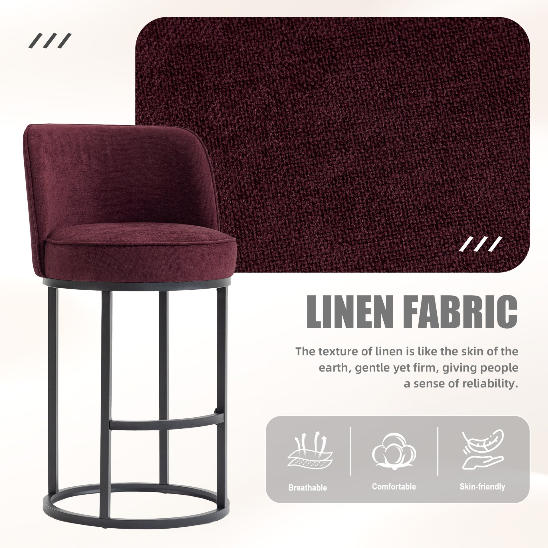 Modern barrel upholstered accent bar stool with backrest, featuring sleek design and comfortable cushioning for stylish home seating.