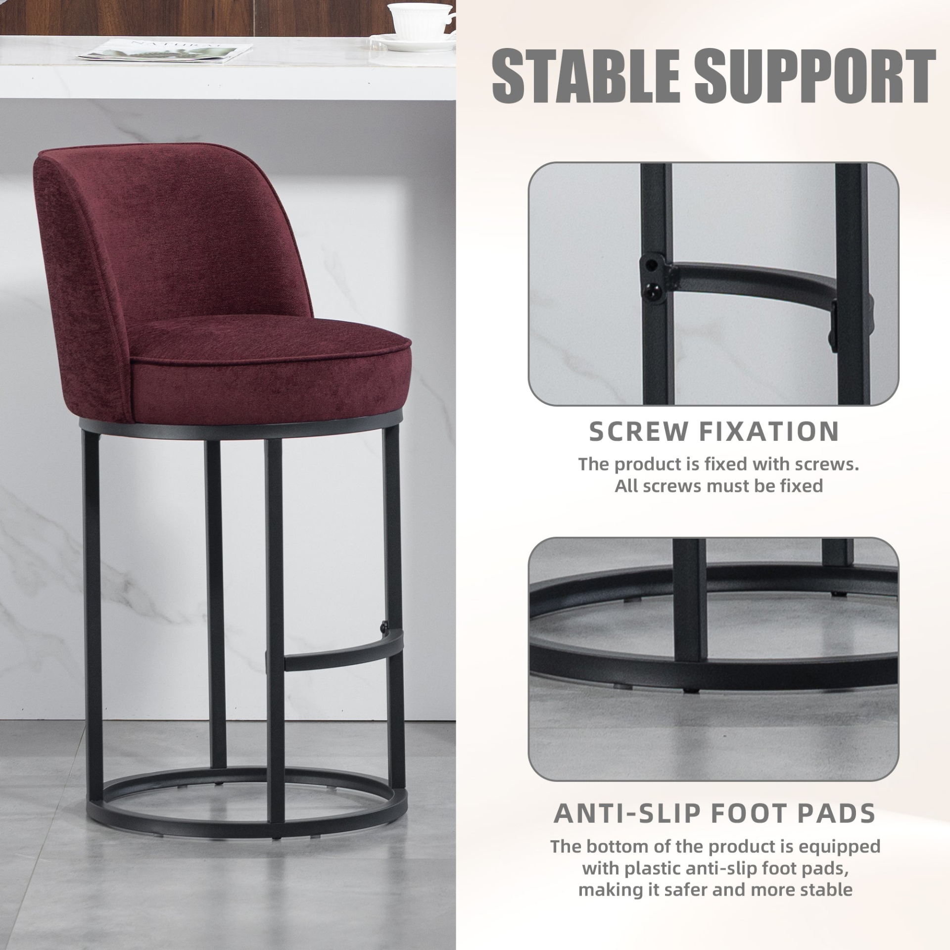 Modern barrel upholstered accent bar stool with backrest, stylish home seating by Start2Finish, featuring cushioned seat and sleek design.