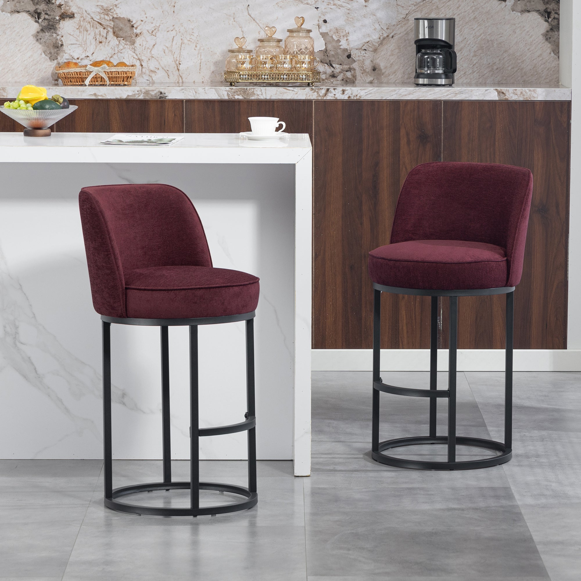 Start2Finish modern barrel upholstered accent bar stool with backrest, stylish home seating with a sleek design and comfortable cushion.