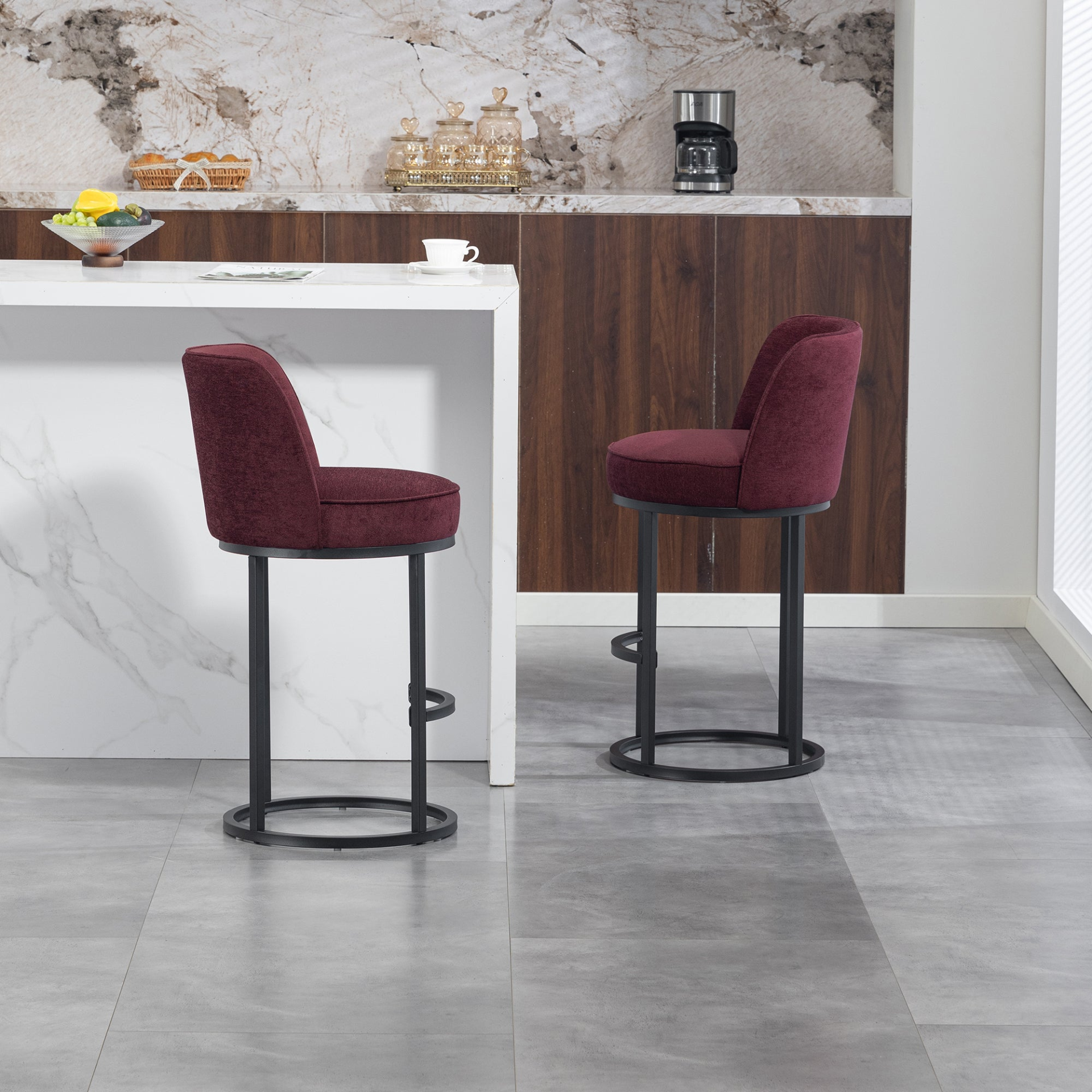 Start2Finish modern barrel upholstered accent bar stool with backrest, showcasing stylish home seating with plush fabric and sturdy design.
