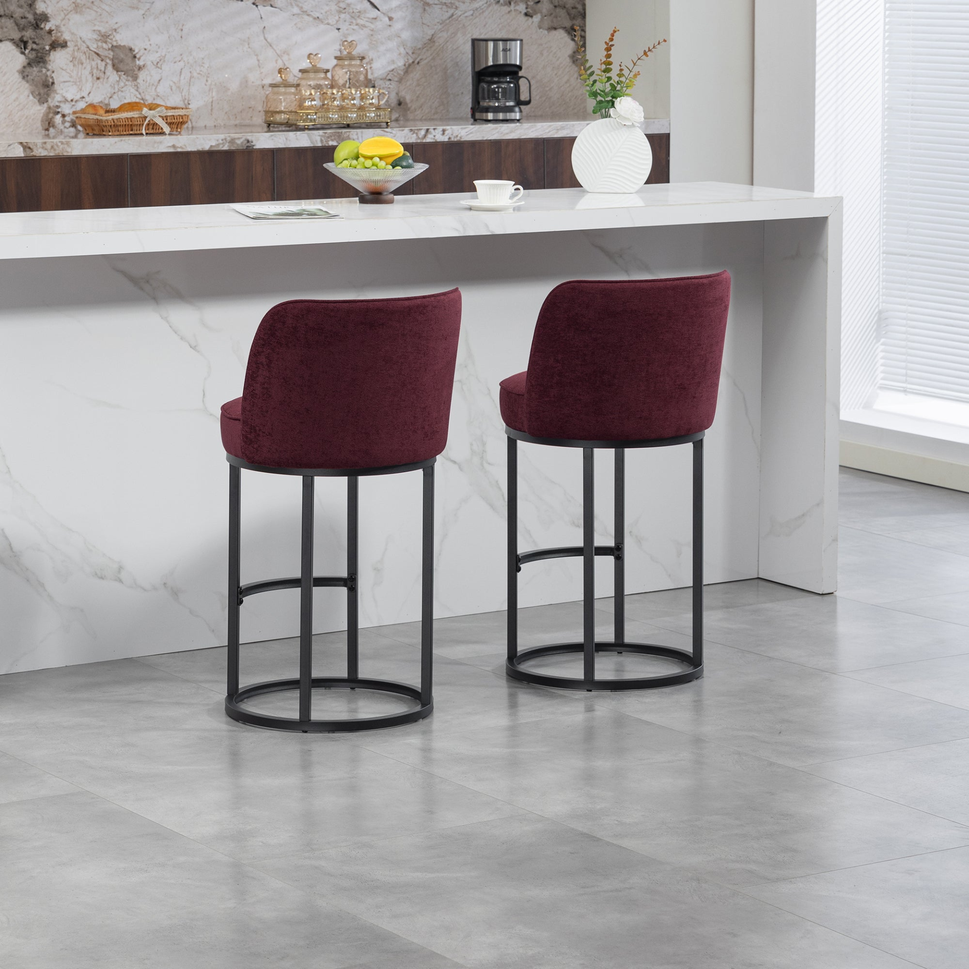 Modern barrel upholstered accent bar stool with backrest, stylish home seating by Start2Finish, featuring plush fabric and wooden legs.