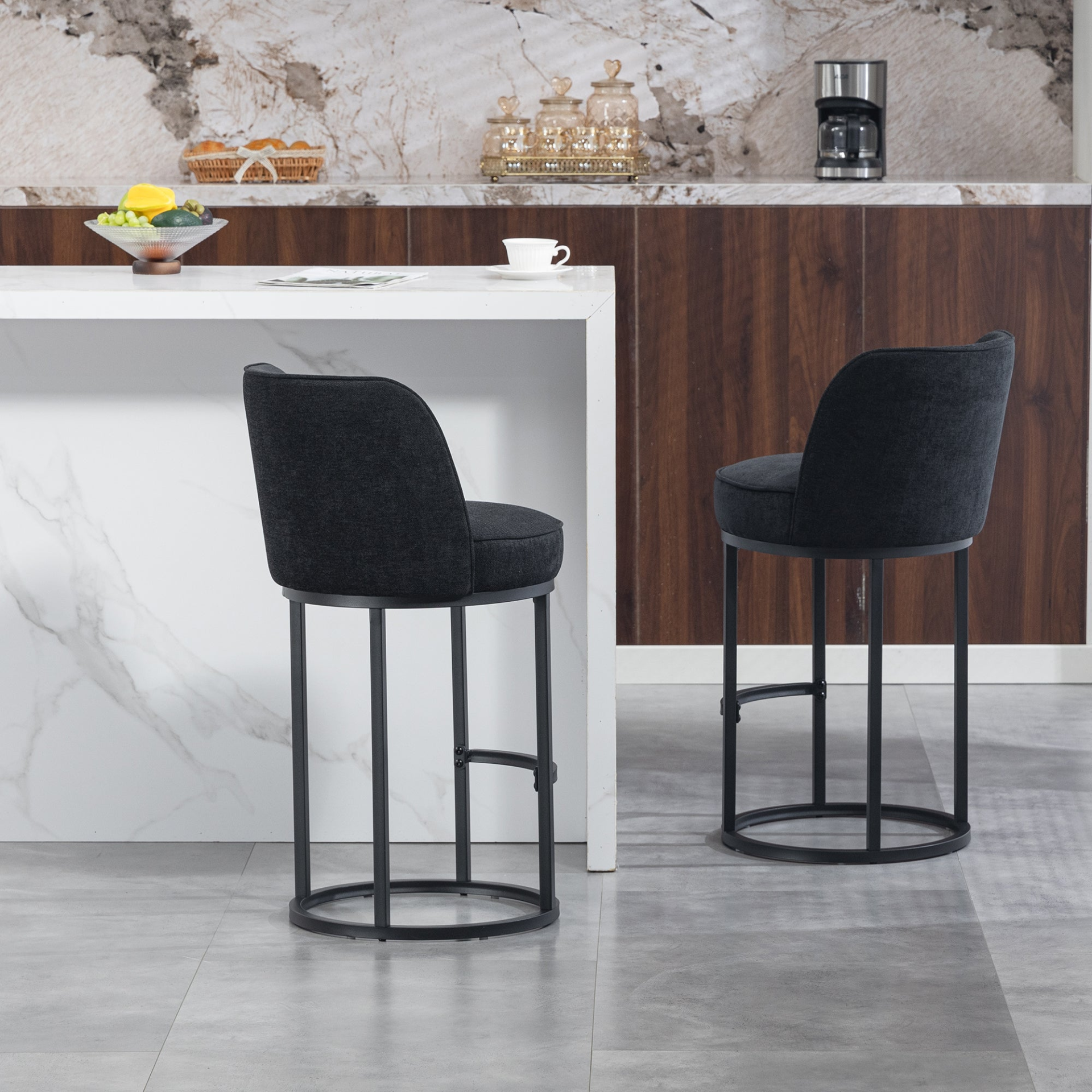 Modern barrel upholstered accent bar stools with backrests from Start2Finish, featuring plush fabric and sleek design for stylish home seating.