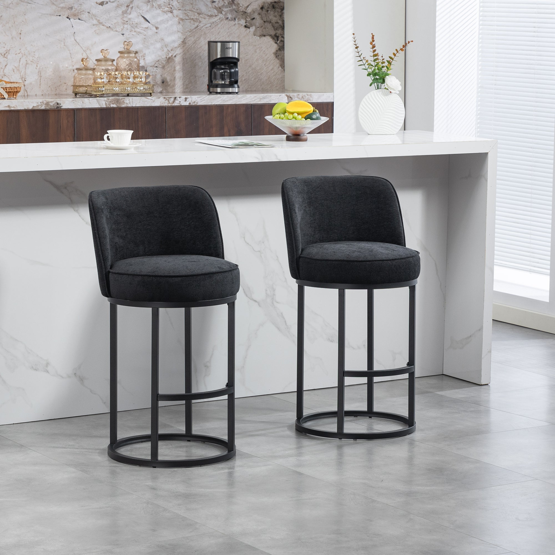 Start2Finish modern barrel upholstered accent bar stools with backrests, stylish home seating with cushioned seats and wooden legs.