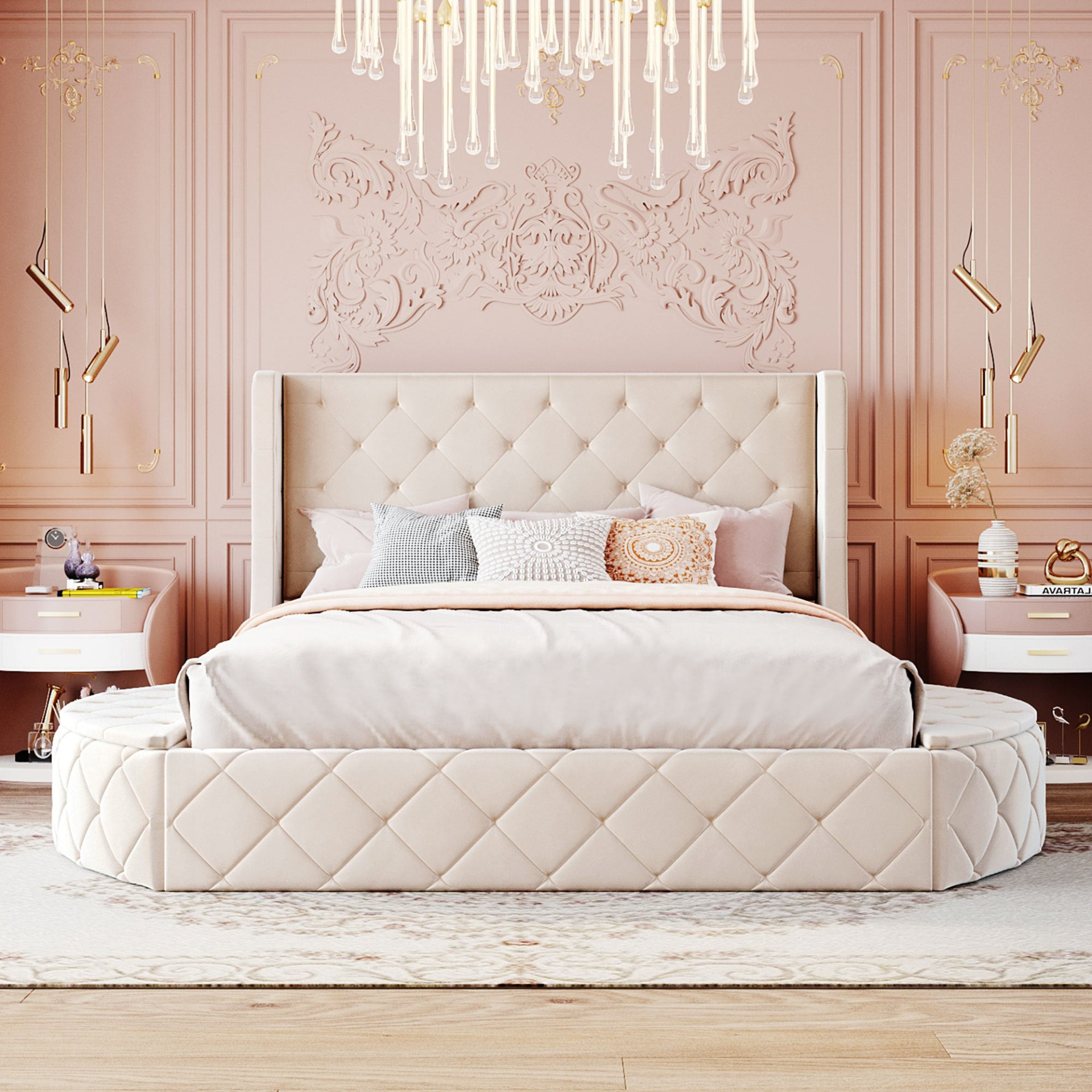 Start2Finish upholstered velvet platform bed with wingback headboard, storage drawer, and side stools in a modern bedroom setting.
