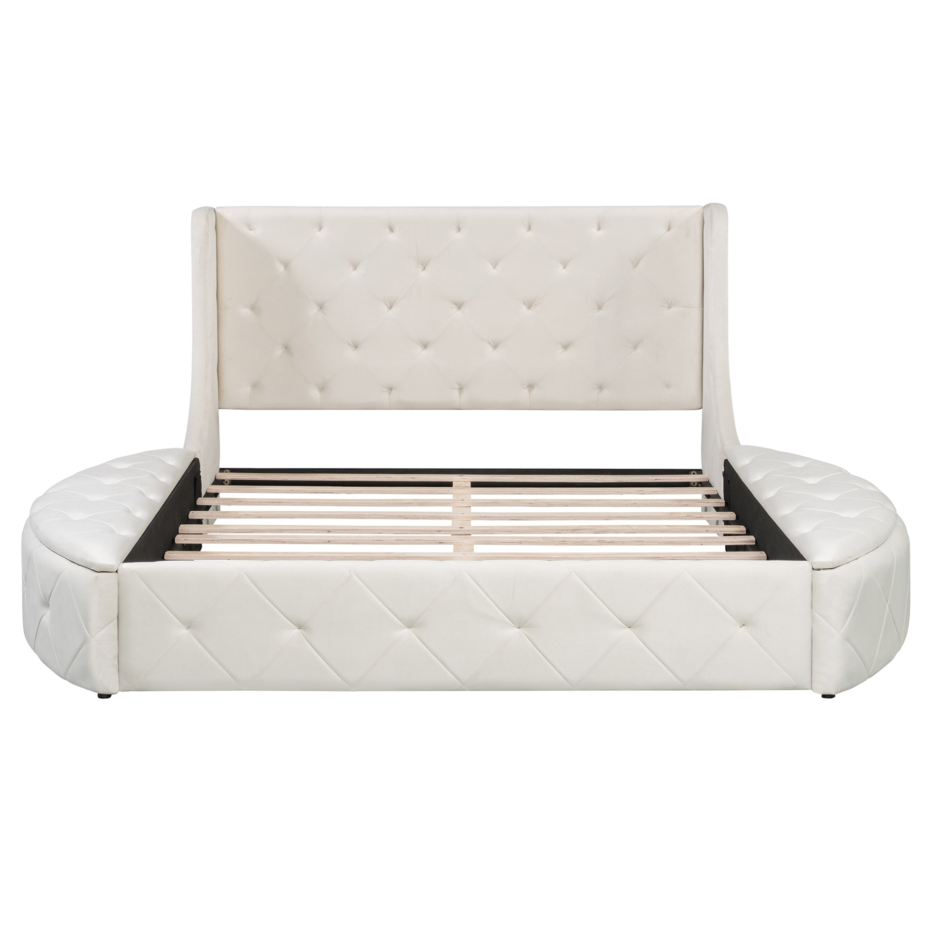 Start2Finish upholstered velvet platform bed with wingback headboard, storage drawer, and side stools in a modern bedroom setting.