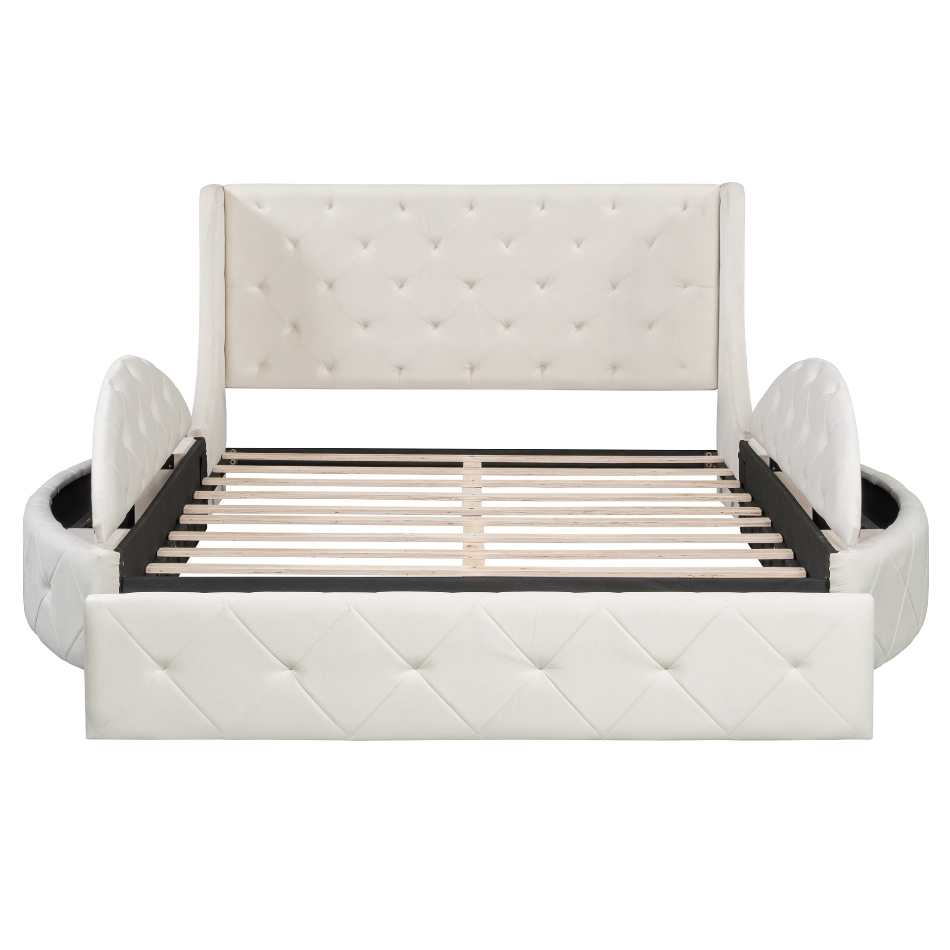 Start2Finish upholstered velvet platform bed with wingback headboard, storage drawer, and side stools in a stylish bedroom setting.