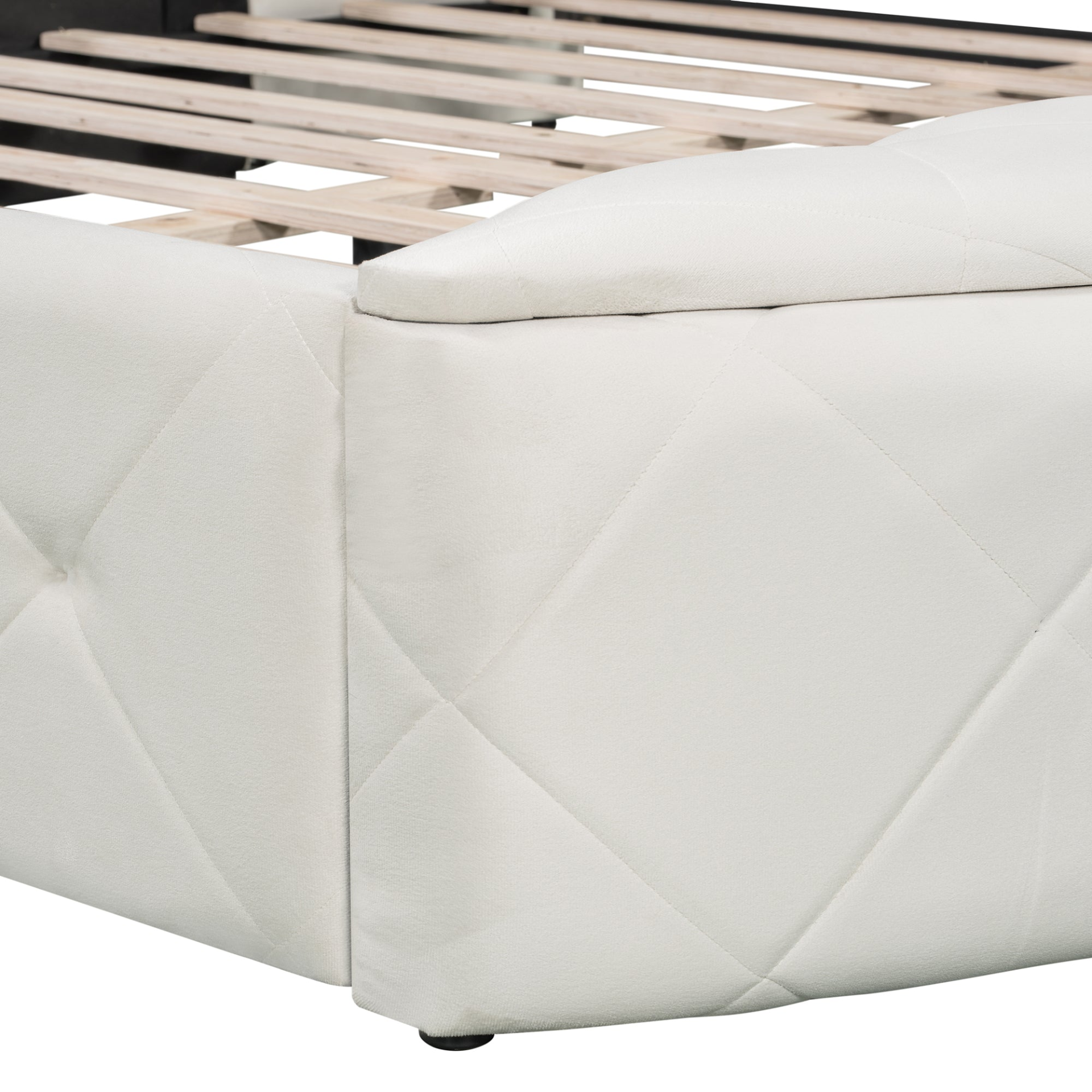 Start2Finish upholstered velvet platform bed with wingback headboard, storage drawer, and side stools in stylish design.