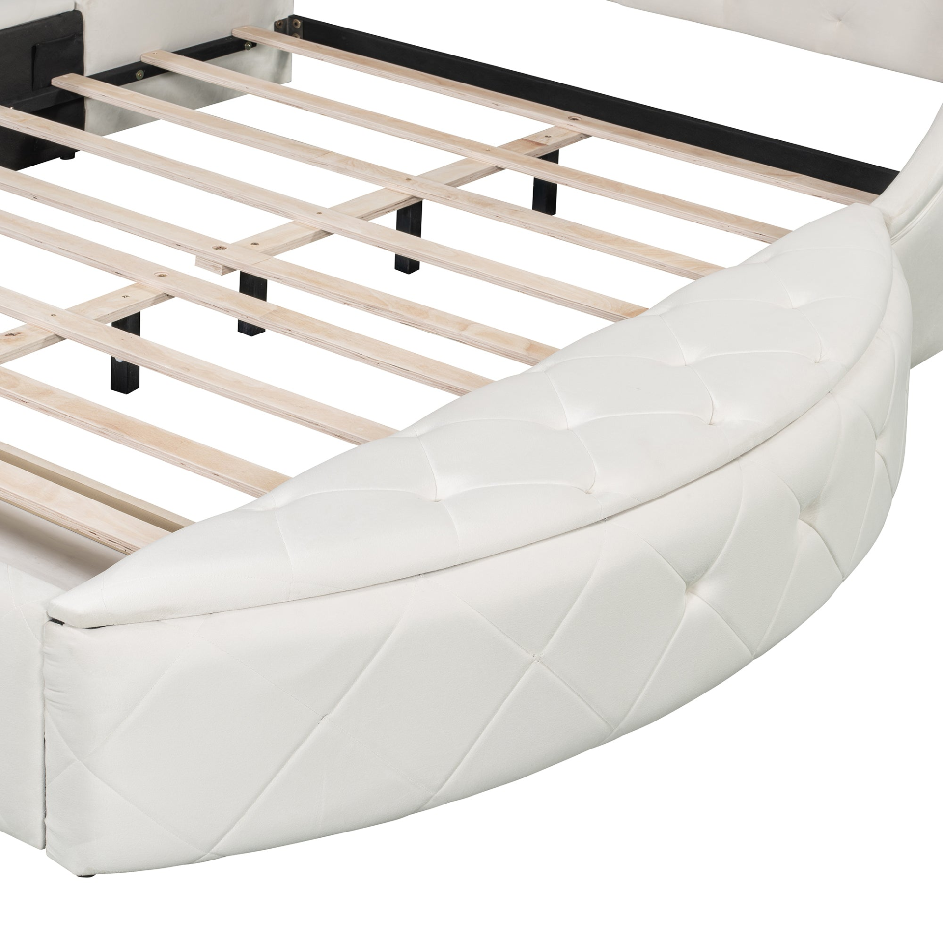 Start2Finish upholstered velvet platform bed with wingback headboard, storage drawers, and side stools in a stylish bedroom setting.