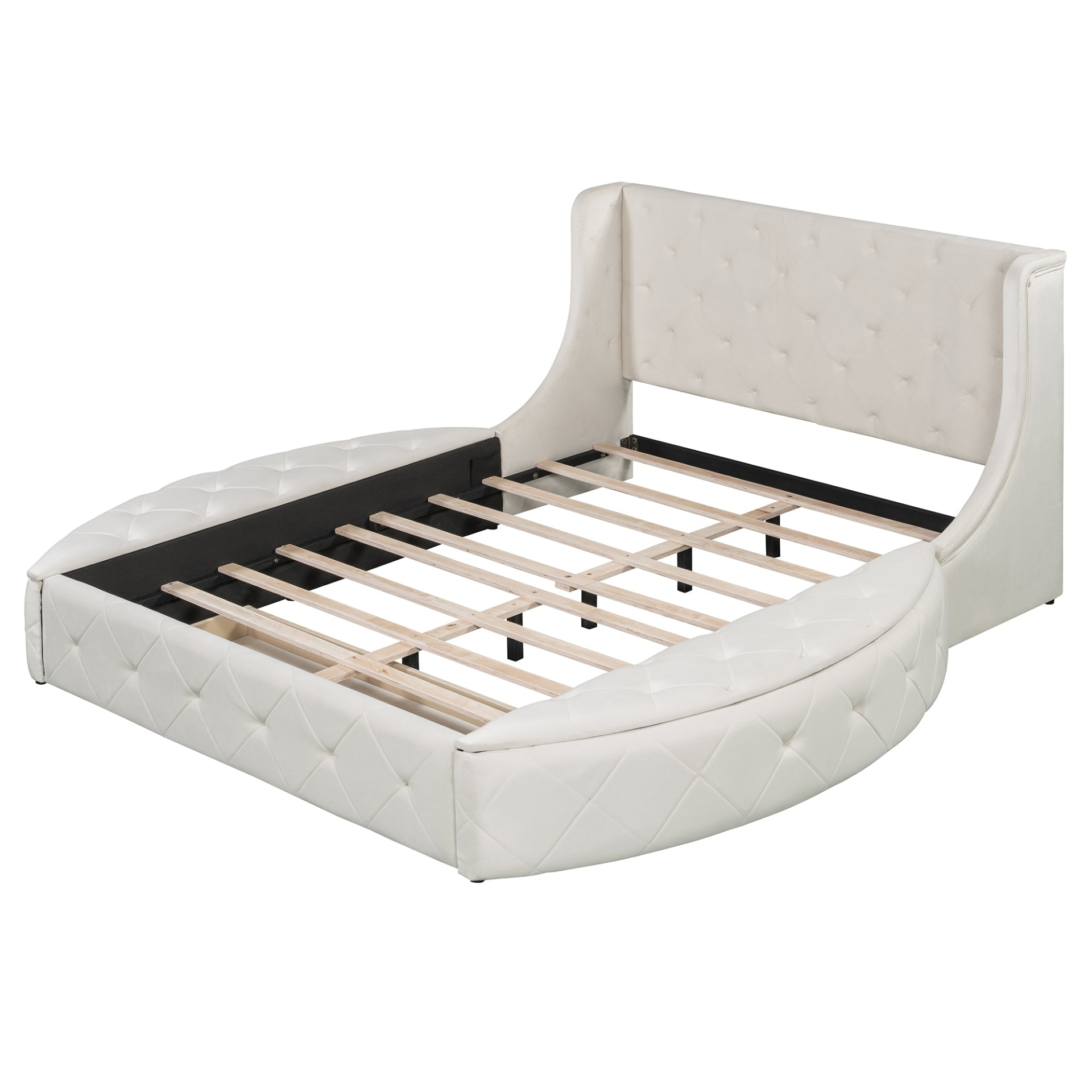 Start2Finish upholstered velvet platform bed with wingback headboard, storage drawer, and side stools in a stylish bedroom setting.