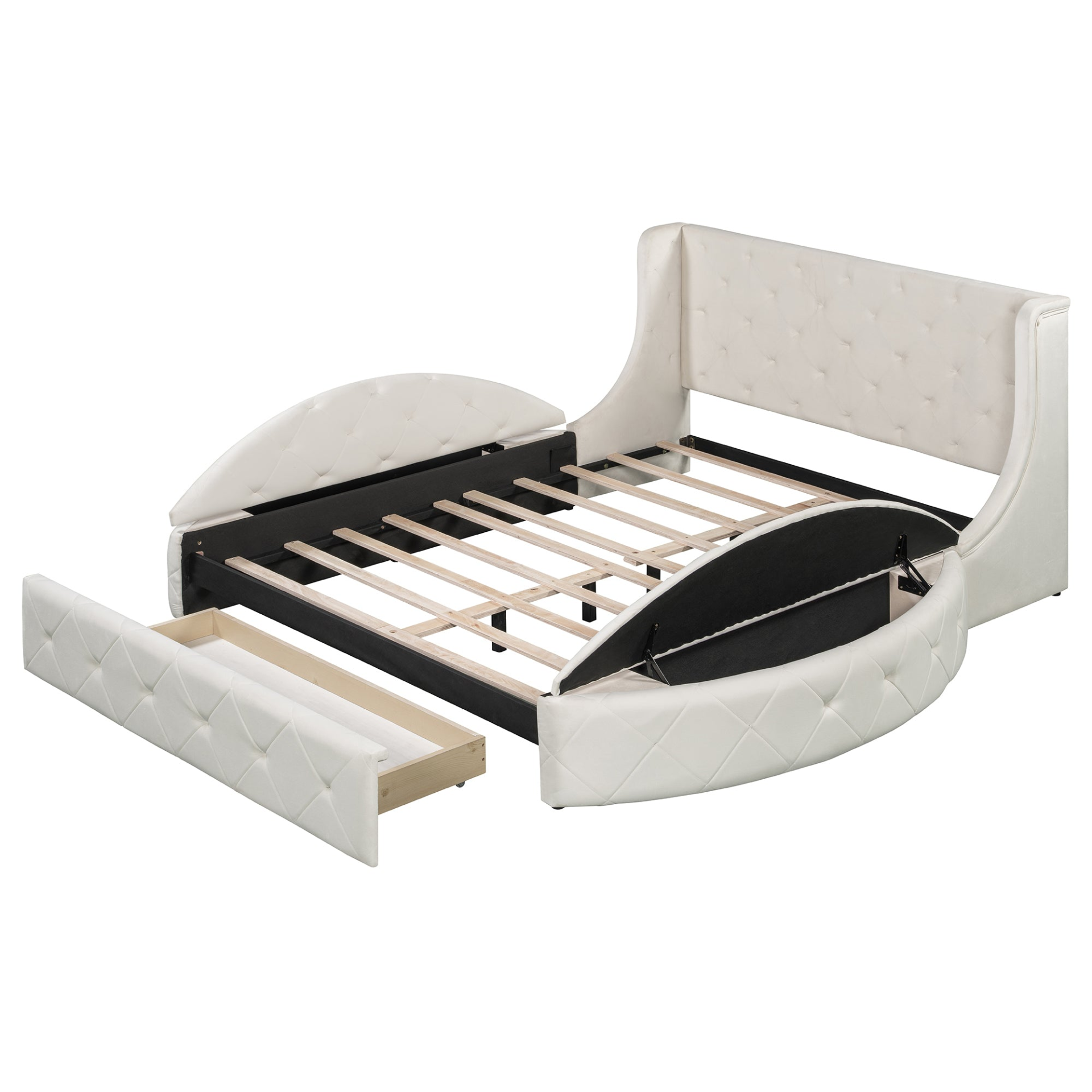 Start2Finish velvet platform bed with wingback headboard, storage drawer, and side stools in a luxurious upholstered design.