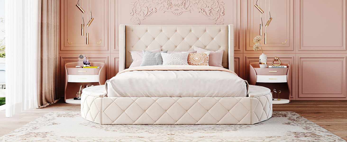 Velvet platform bed with wingback headboard, storage drawers, and side stools, featuring upholstered design by Start2Finish.