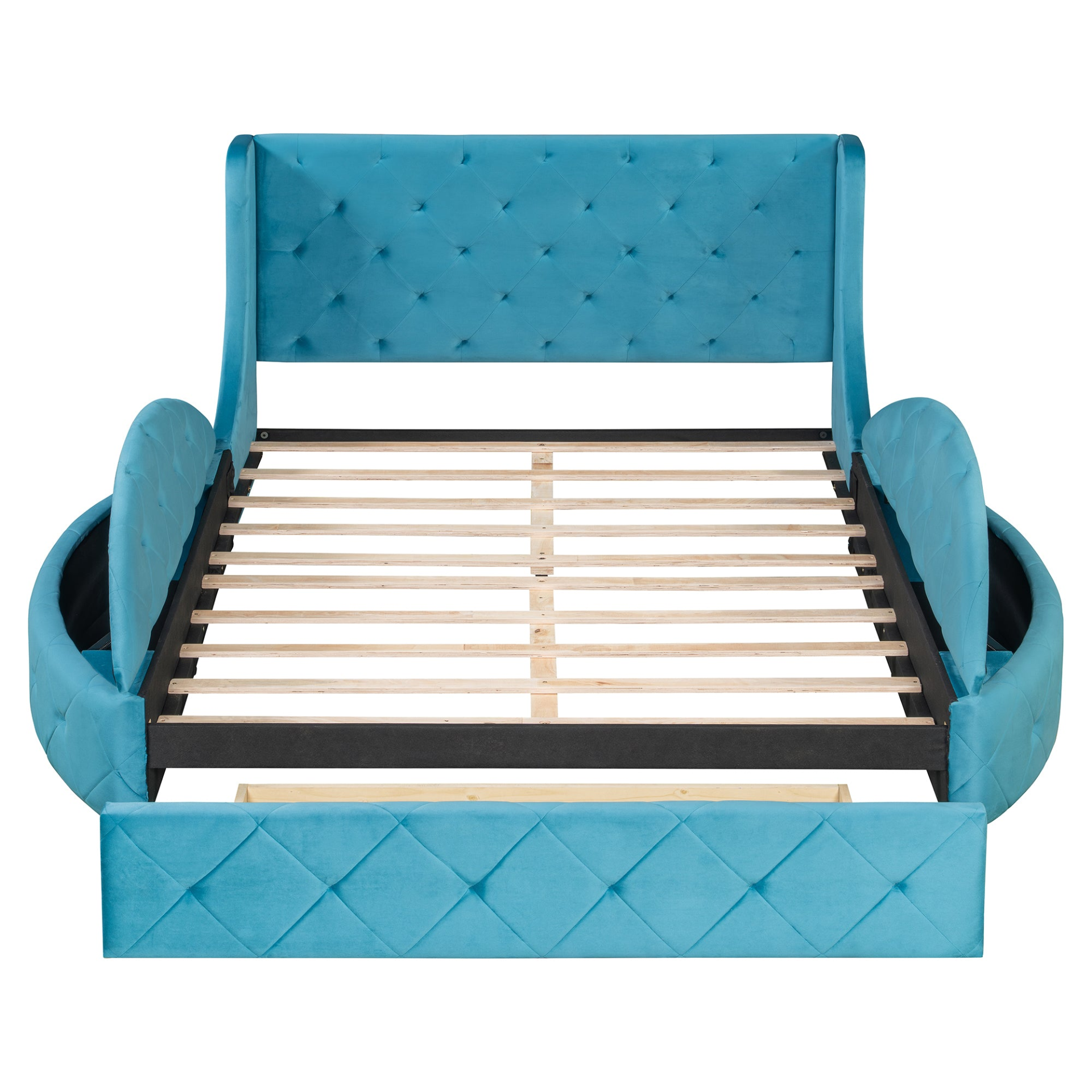 Start2Finish upholstered velvet platform bed with wingback headboard, storage drawers, and side stools in a modern bedroom setting.