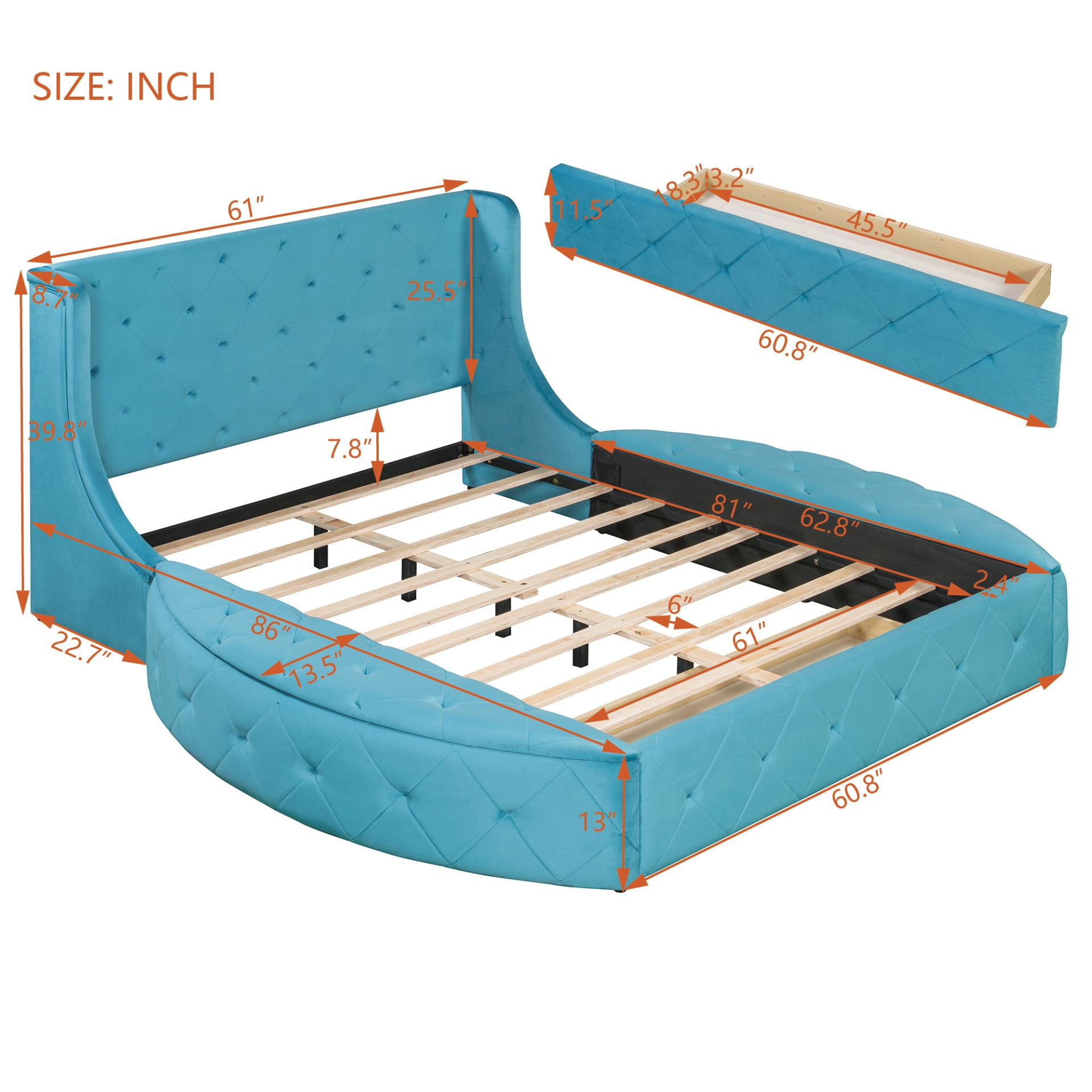 Start2Finish upholstered velvet platform bed with wingback headboard, storage drawers, and side stools in a stylish bedroom setting.