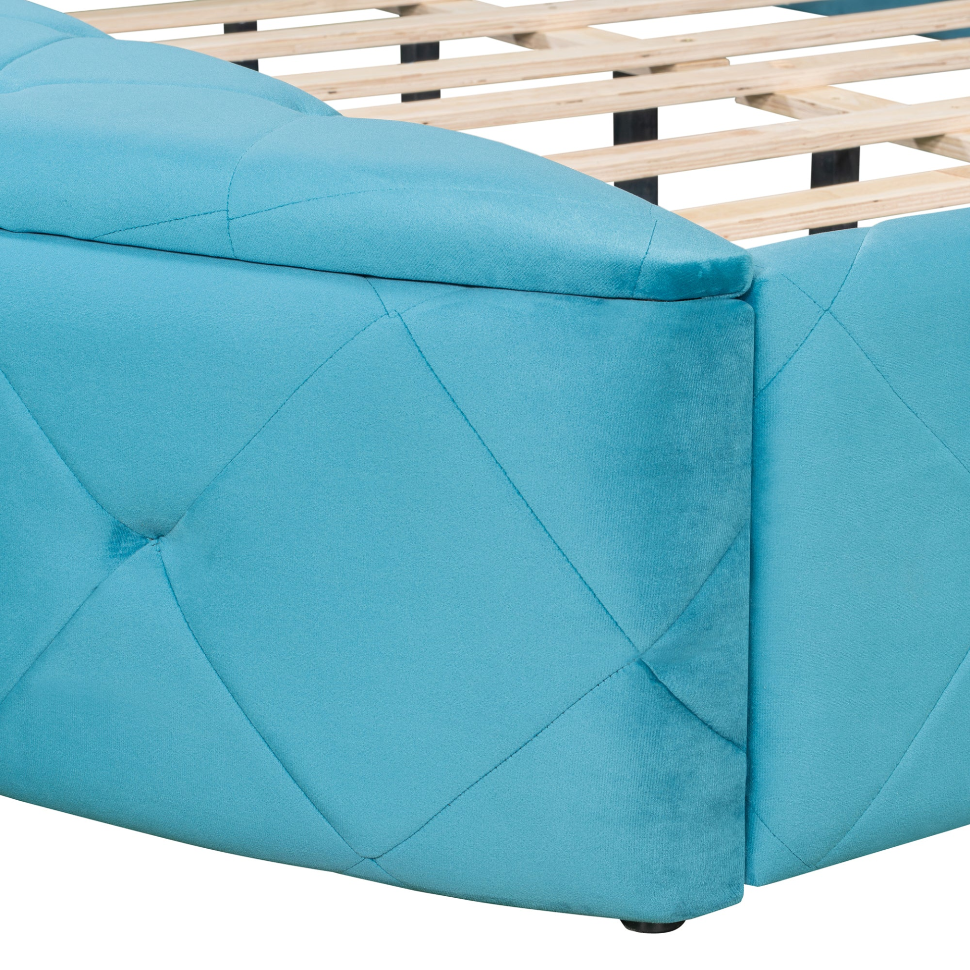 Start2Finish upholstered velvet platform bed with wingback headboard, storage drawer, and side stools in a modern bedroom setting.