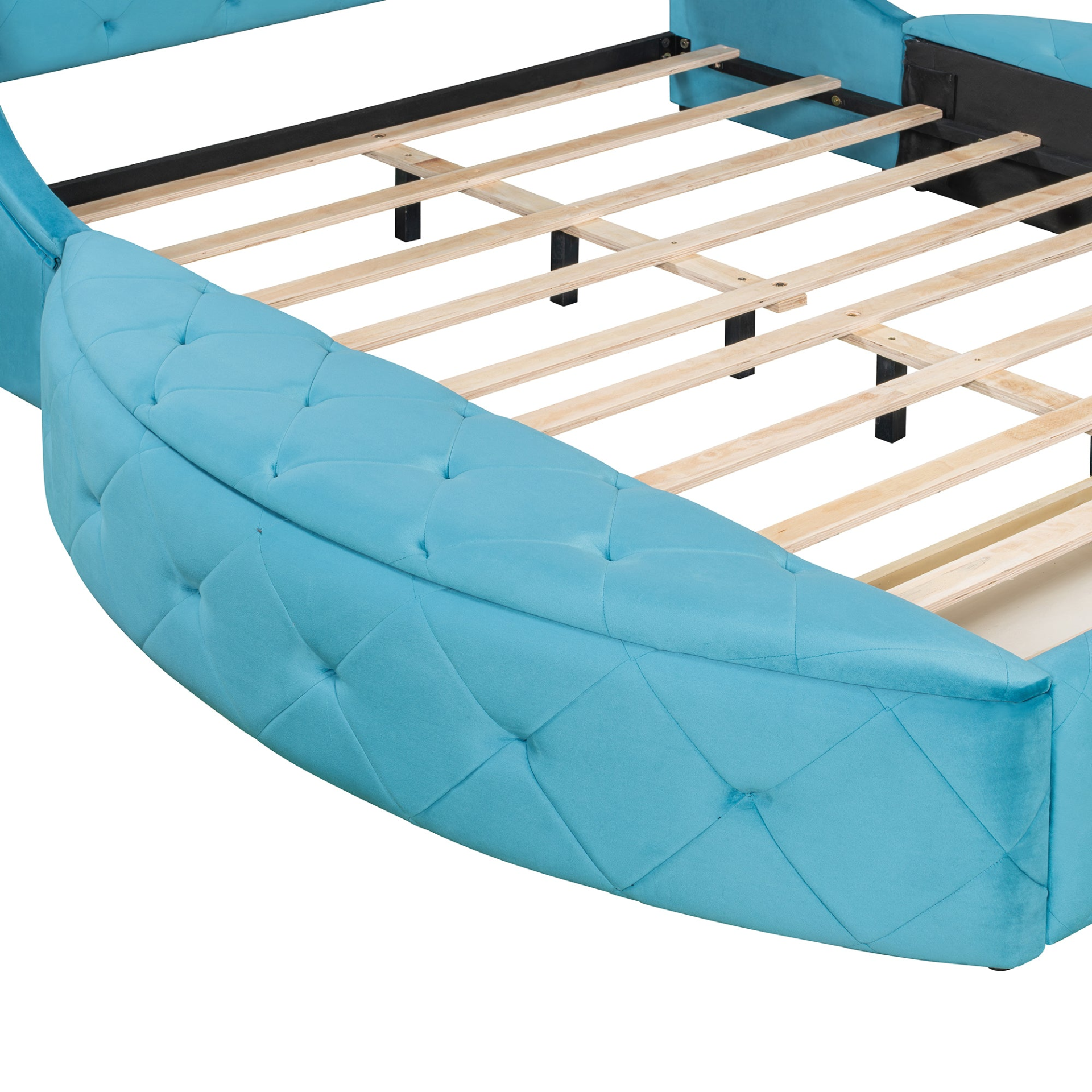 Start2Finish upholstered velvet platform bed with wingback headboard, storage drawer, and side stools in a stylish bedroom setting.