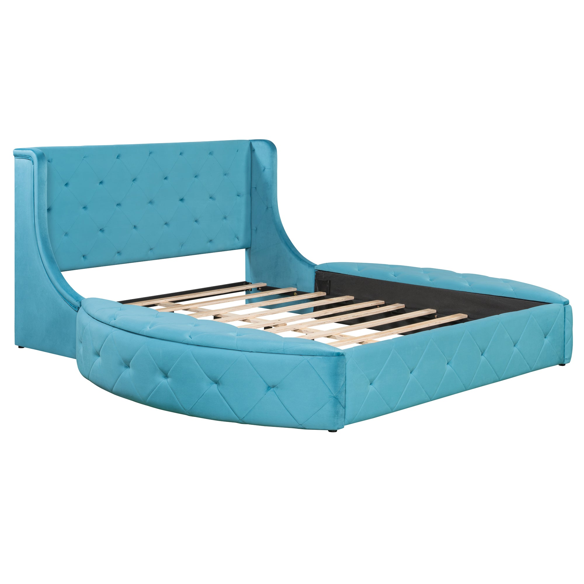 Start2Finish upholstered velvet platform bed with wingback headboard, storage drawers, and side stools in a stylish bedroom setting.