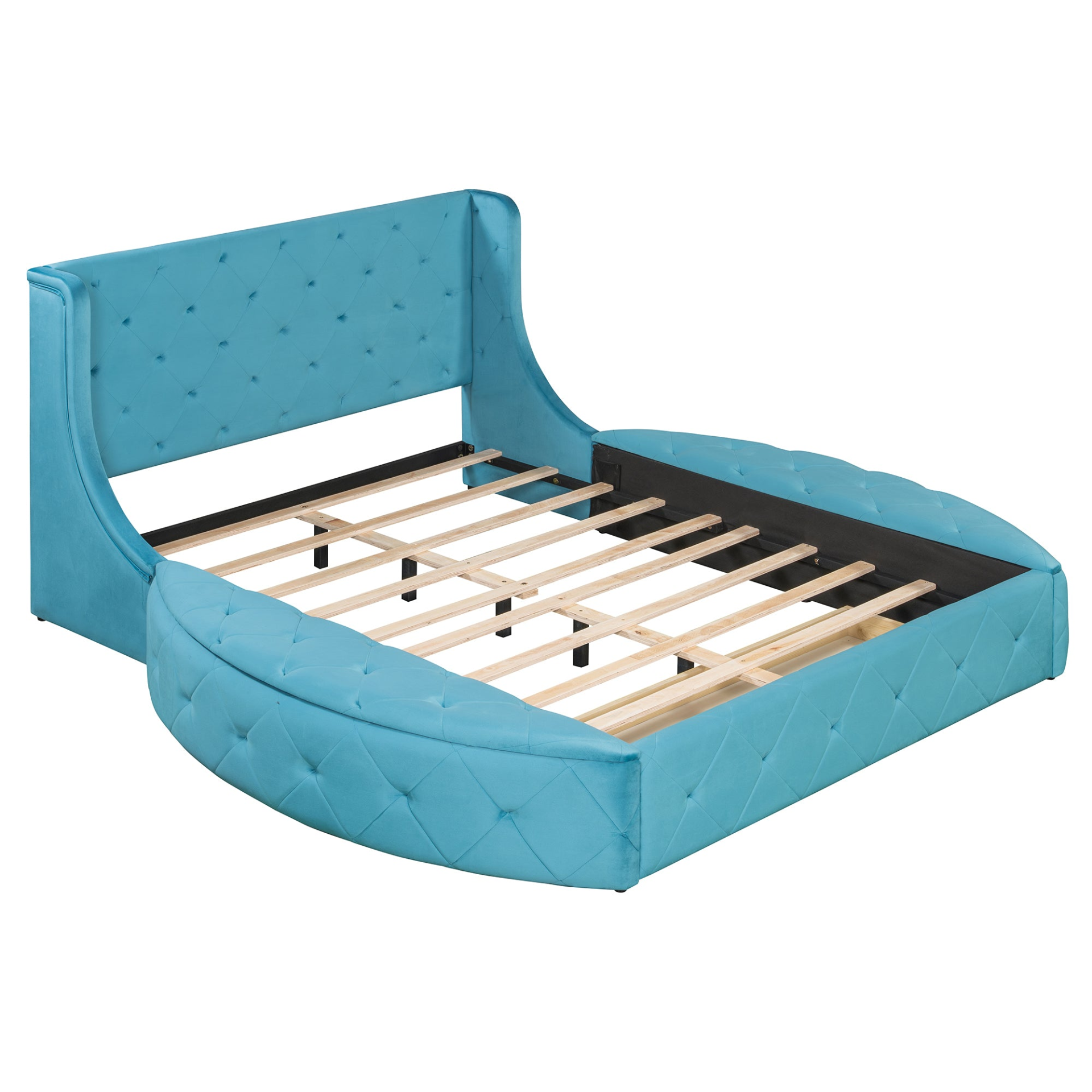 Start2Finish upholstered velvet platform bed with wingback headboard, storage drawers, and side stools in a stylish bedroom setting.