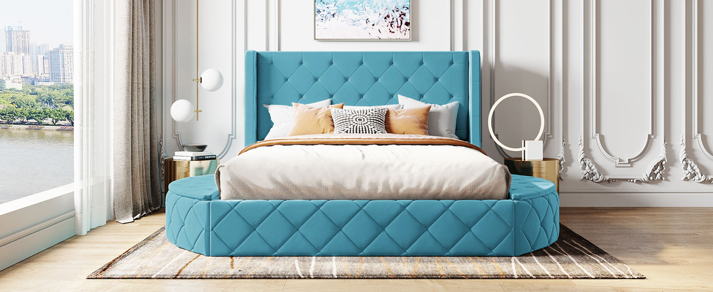 Start2Finish upholstered velvet platform bed with wingback headboard, storage drawer, and side stools in a modern bedroom setting.