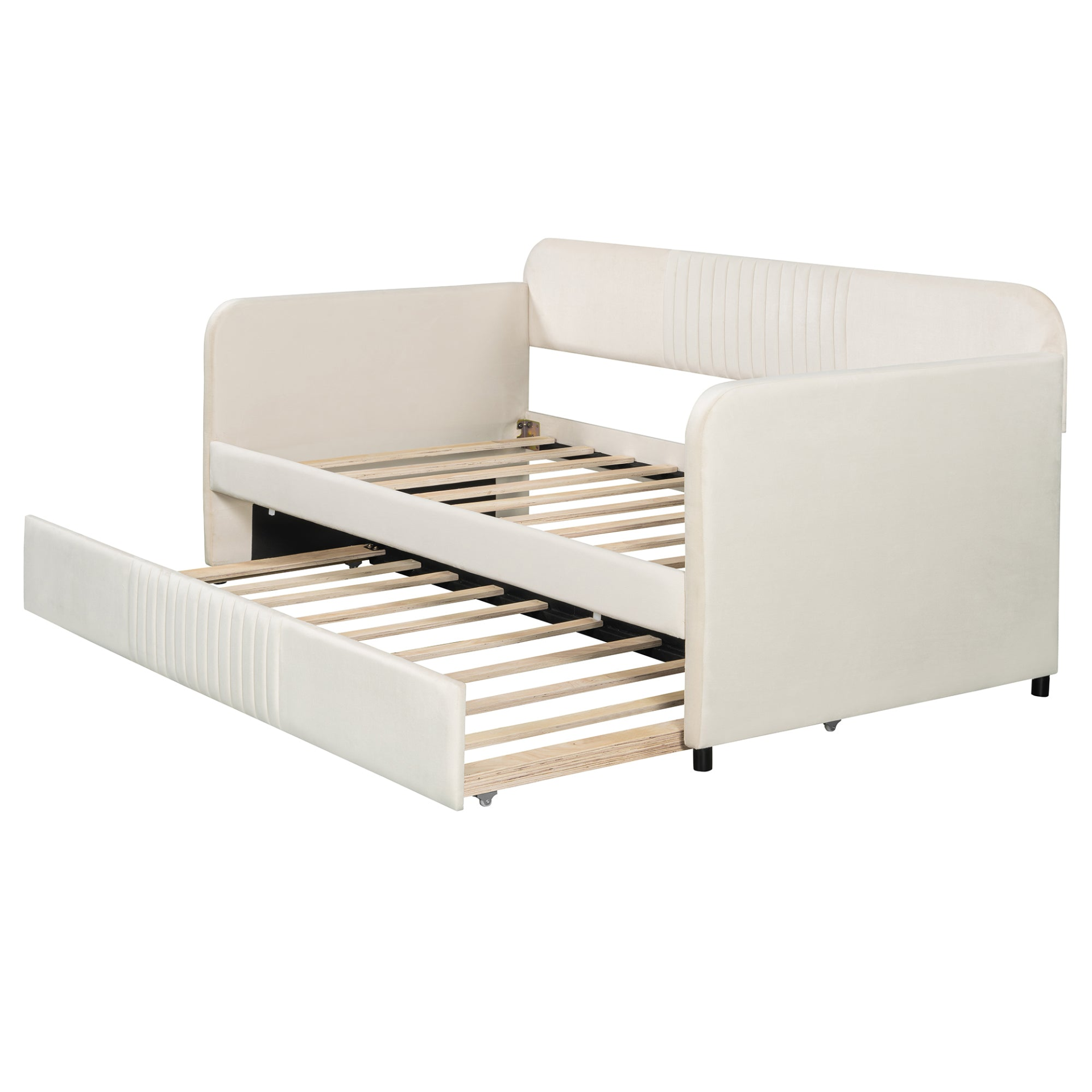 Start2Finish twin size upholstered daybed sofa bed with trundle and wood slat base, ideal for versatile living spaces.