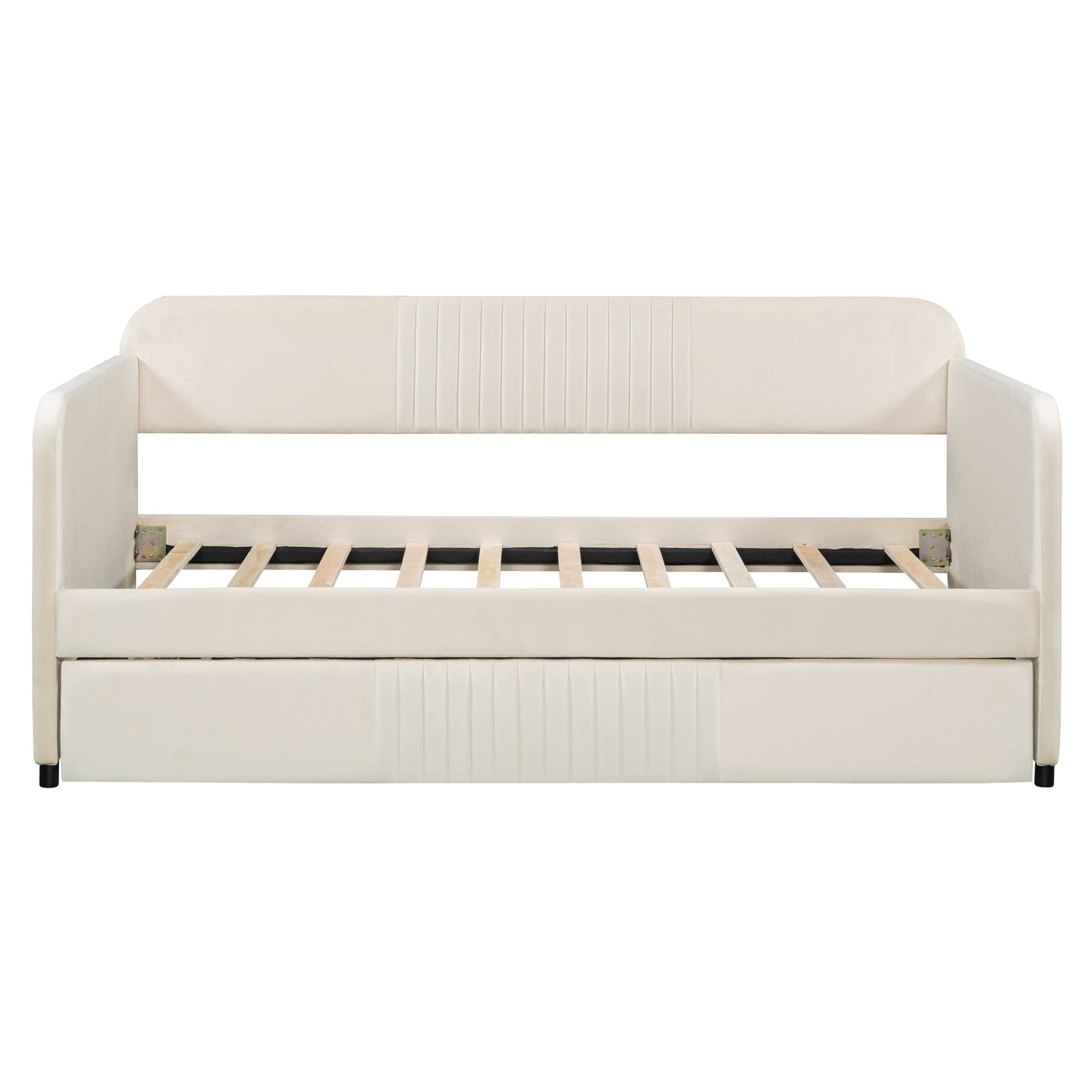 Start2Finish twin size upholstered daybed sofa bed with trundle and wood slat base, featuring a modern design and plush fabric.