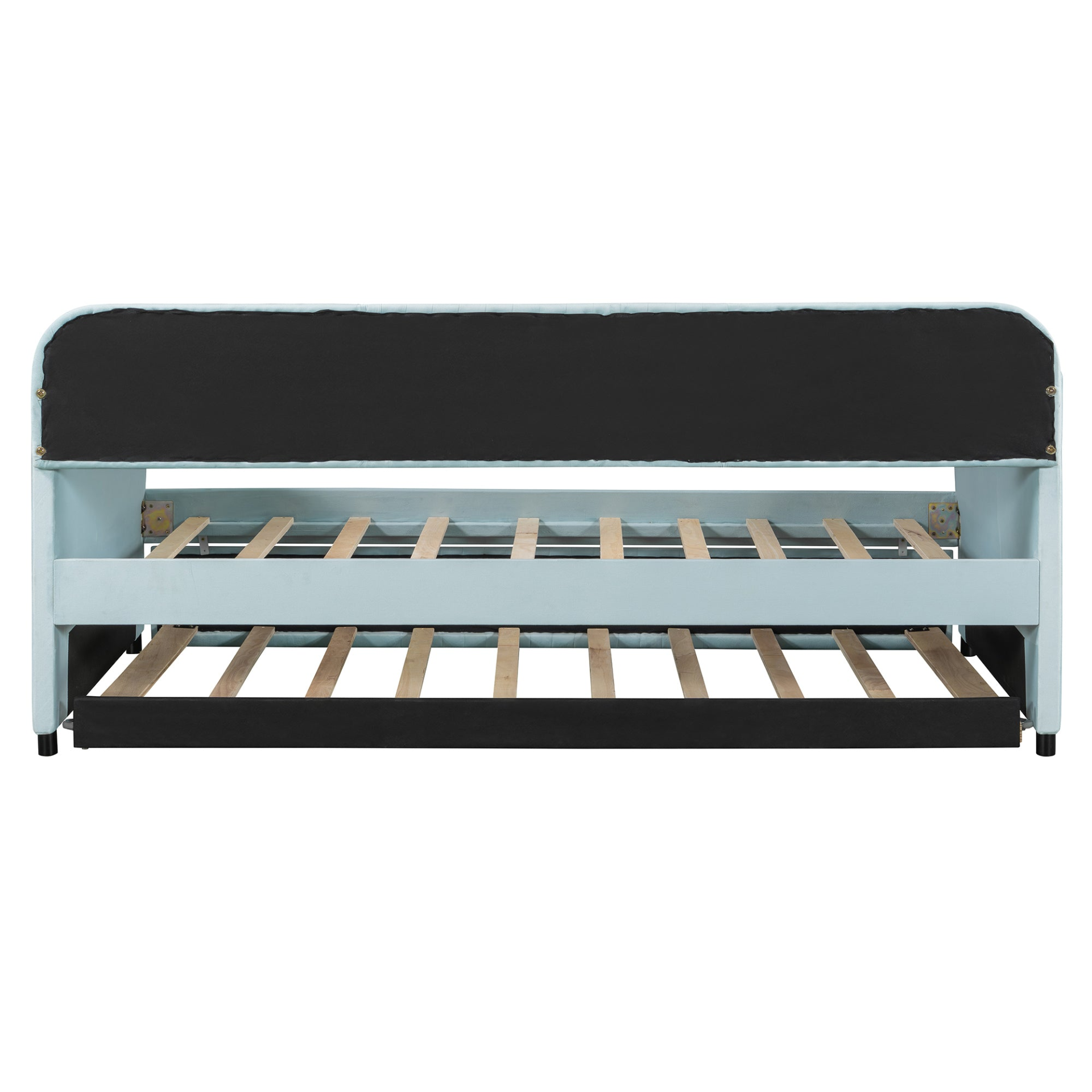 Start2Finish twin size upholstered daybed sofa bed with trundle and wood slat base, featuring plush fabric and modern design.