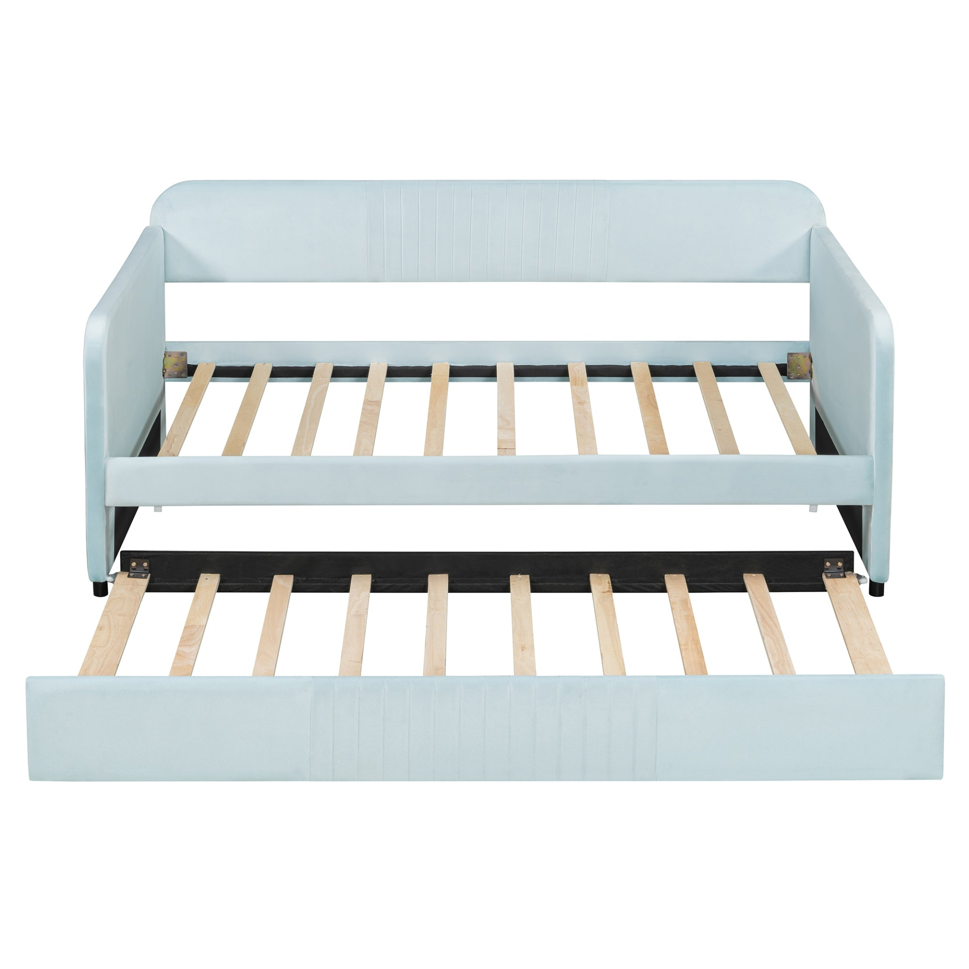 Start2Finish twin size upholstered daybed sofa bed with trundle and wood slat base, featuring plush fabric and supportive frame.