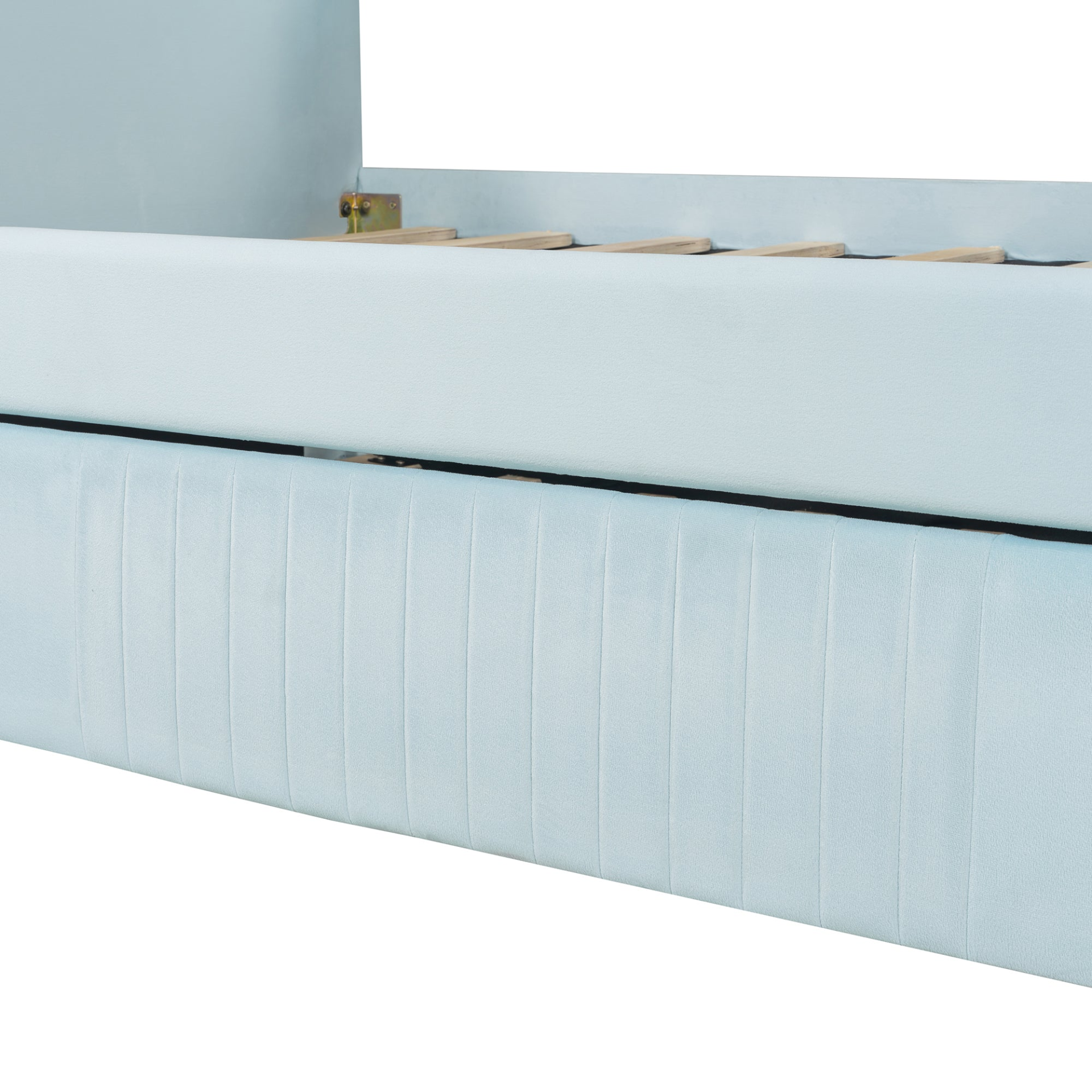 Start2Finish twin size upholstered daybed sofa bed with trundle and wood slat base, featuring plush fabric and sturdy frame.