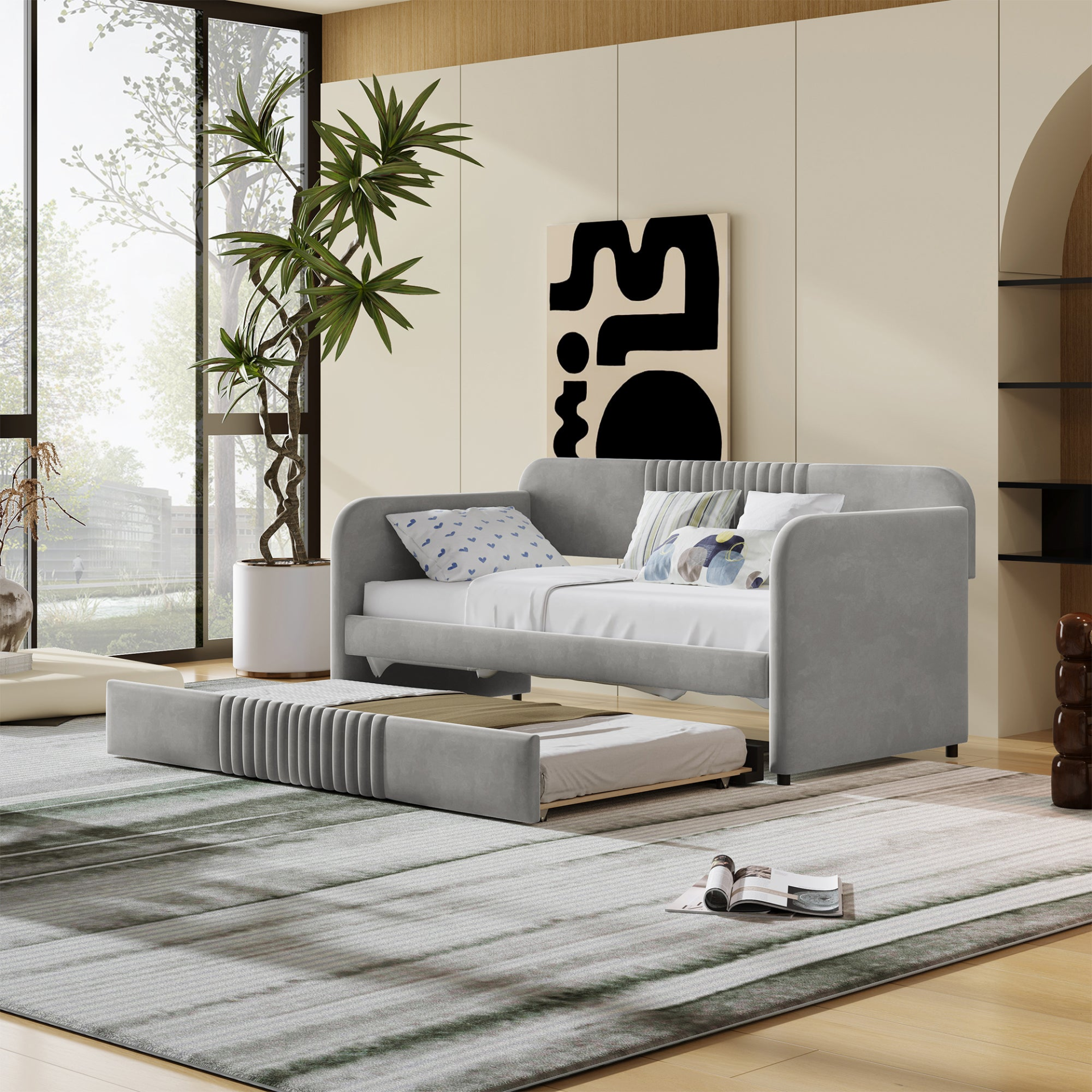 Start2Finish upholstered twin size daybed sofa bed with trundle and wood slat base, featuring plush fabric and wooden frame.
