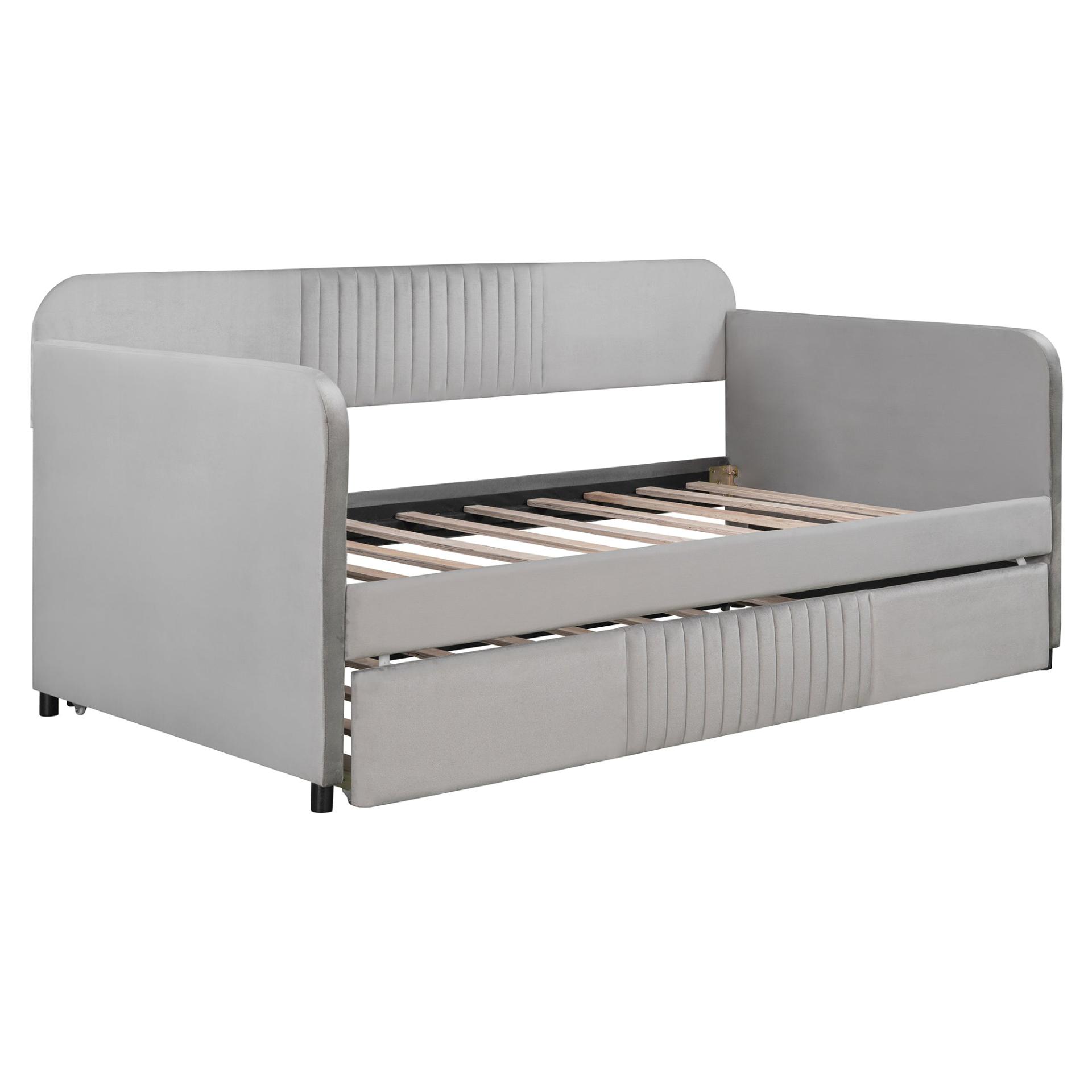 Start2Finish upholstered twin size daybed sofa bed with trundle and wood slat base, featuring plush fabric and sturdy wooden frame.