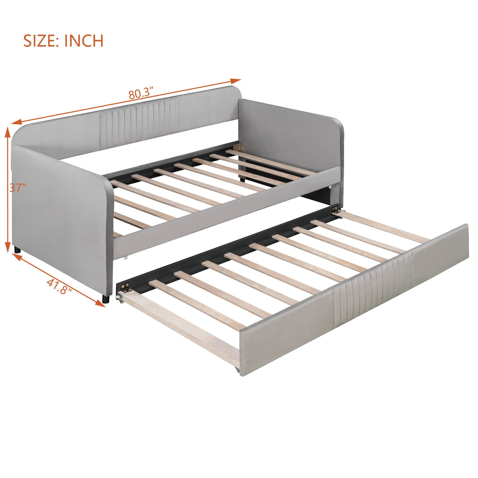 Start2Finish upholstered twin daybed sofa bed with trundle and wood slat base, showcasing its plush fabric and sturdy frame.