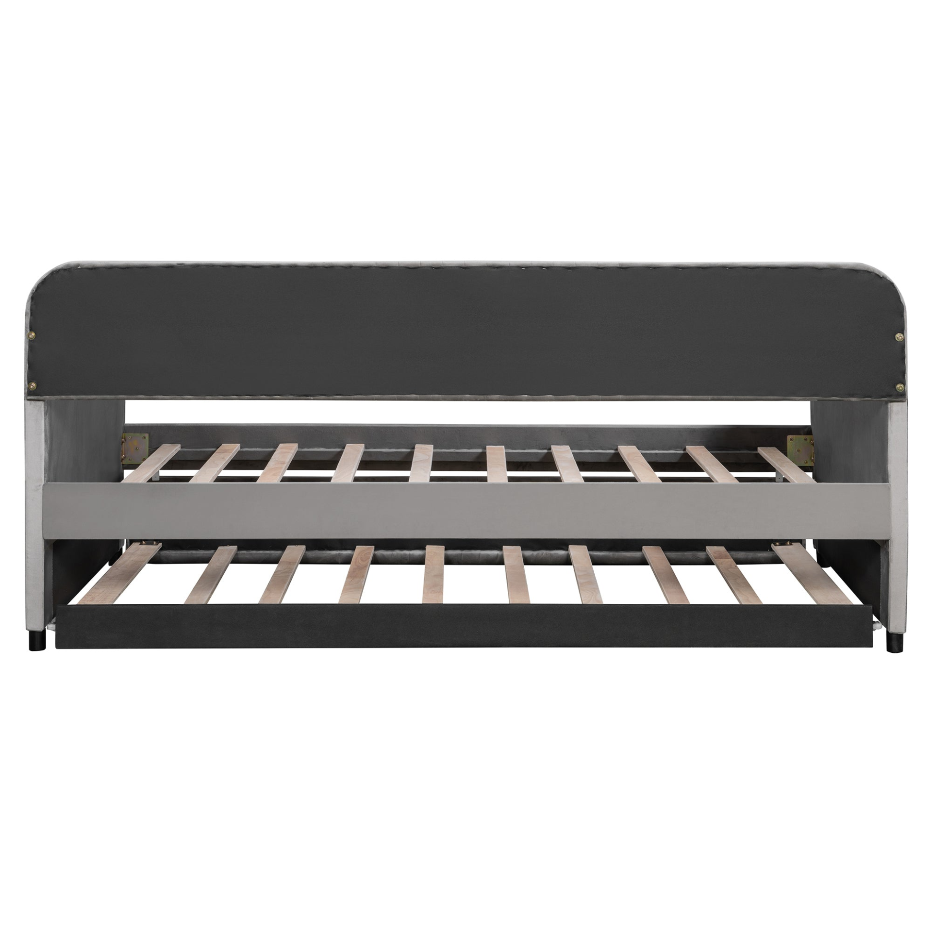 Start2Finish twin size upholstered daybed sofa bed with trundle and wood slat base, showcasing plush fabric and sturdy construction.