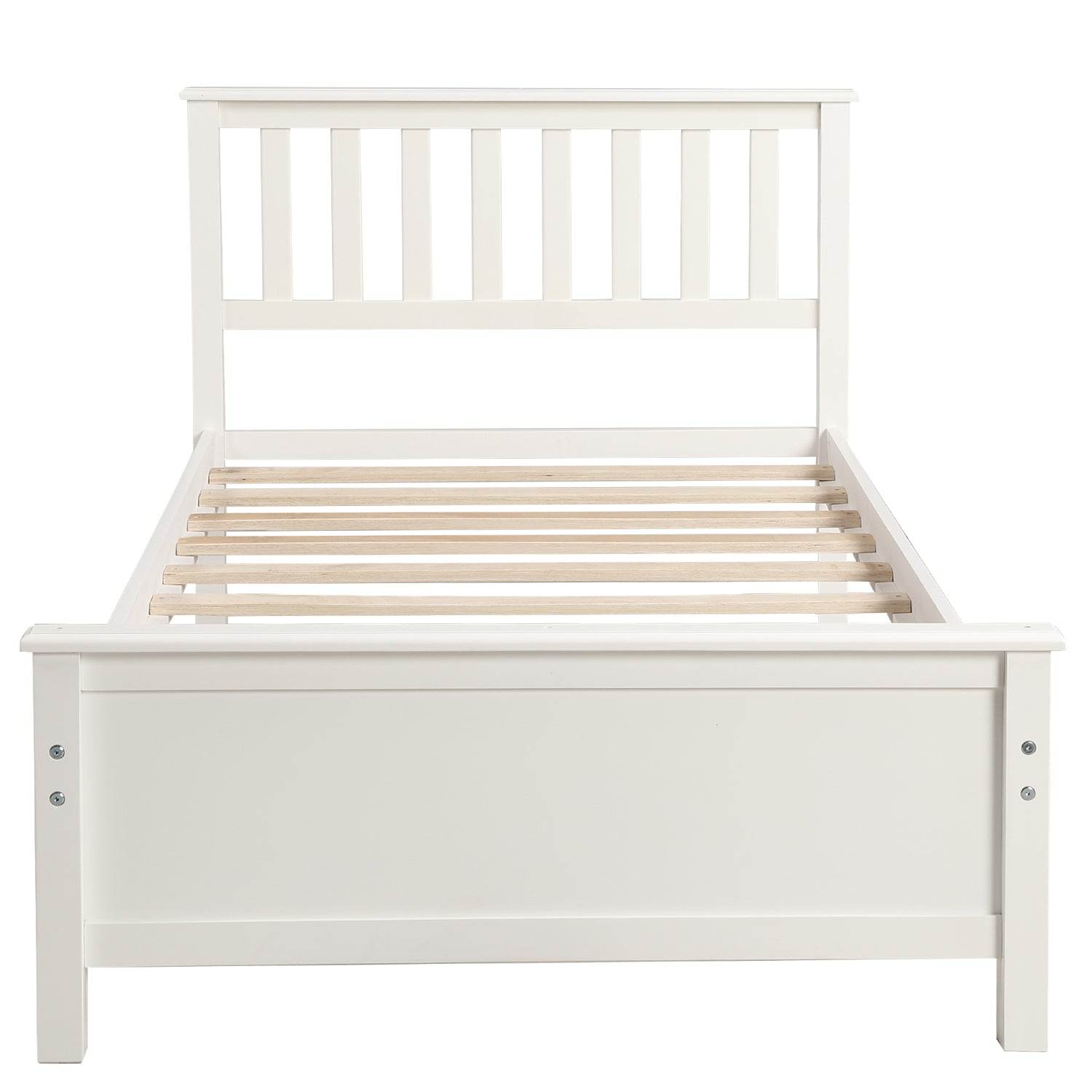 Start2Finish wood platform bed frame with headboard, footboard, and wood slat support, showcasing its sturdy construction and natural wood finish.
