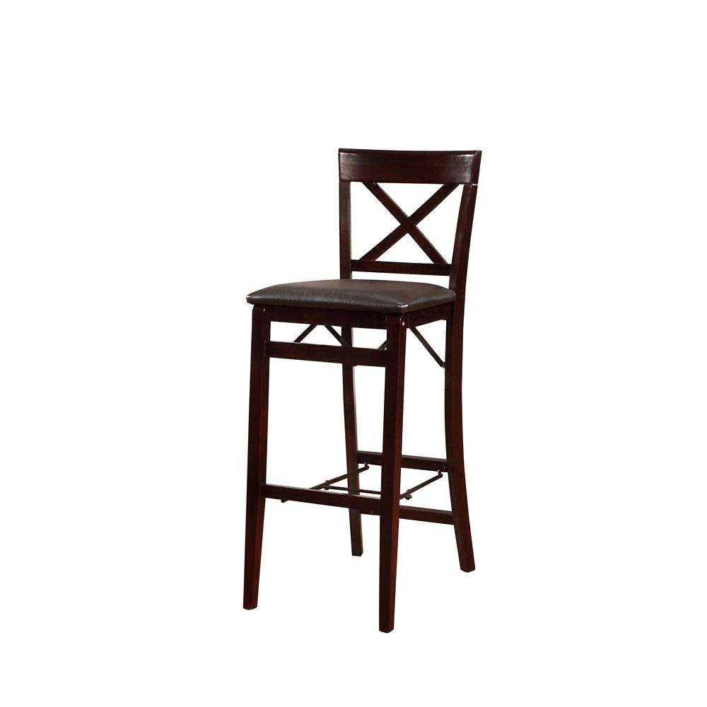 Start2Finish Triena 30-inch X-back folding bar stool with wooden seat and metal frame, shown folded and unfolded.