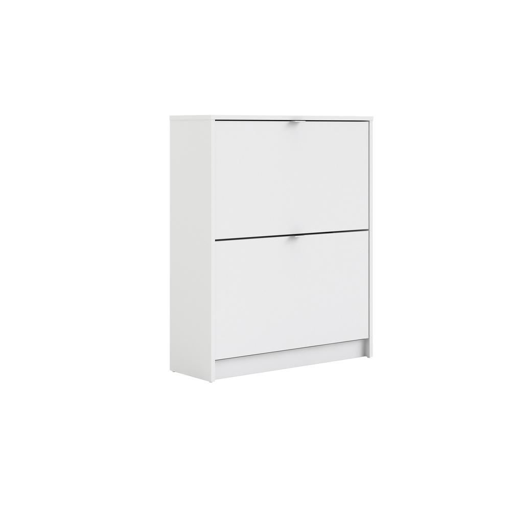 Bright white Start2Finish 2-drawer shoe cabinet with sleek design and silver handles, ideal for organized footwear storage.