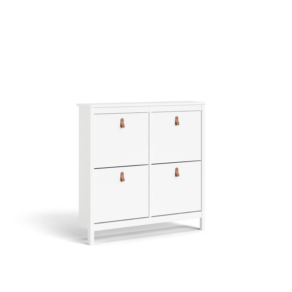 White Madrid 4 Drawer Shoe Cabinet by Start2Finish with sleek drawer handles and compact storage design.