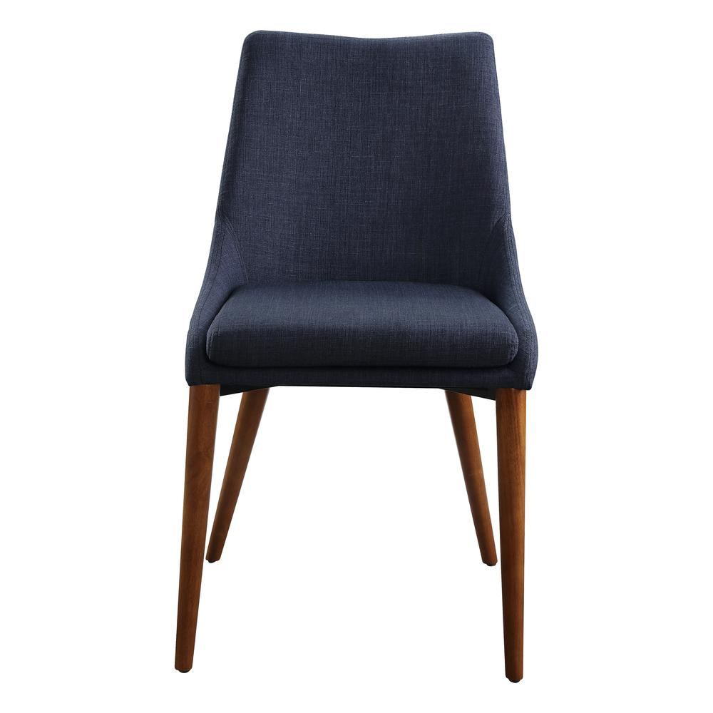 Pair of Palmer Mid-Century Modern fabric dining accent chairs in navy, designed by Start2Finish, with wooden legs and plush upholstery.