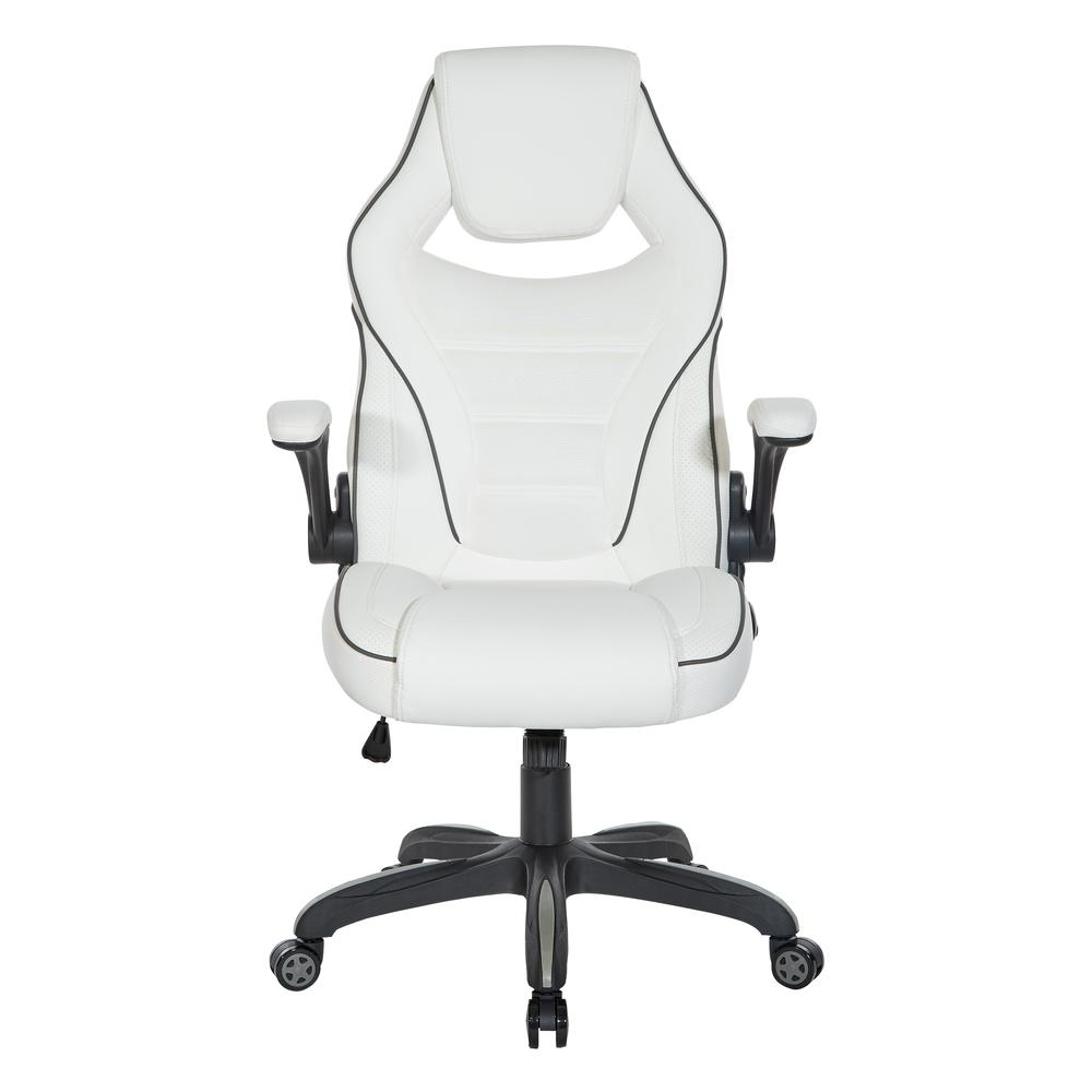 Start2Finish Xeno Gaming Chair in white faux leather with padded armrests and adjustable height, view from front angle.