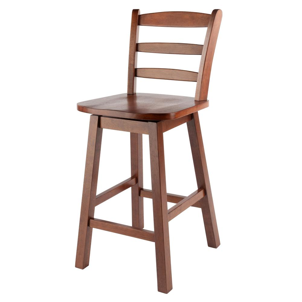 Walnut Scalera Ladder Back Swivel Seat Counter Stool by Start2Finish, showing a wooden stool with ladder back design and swivel seat.