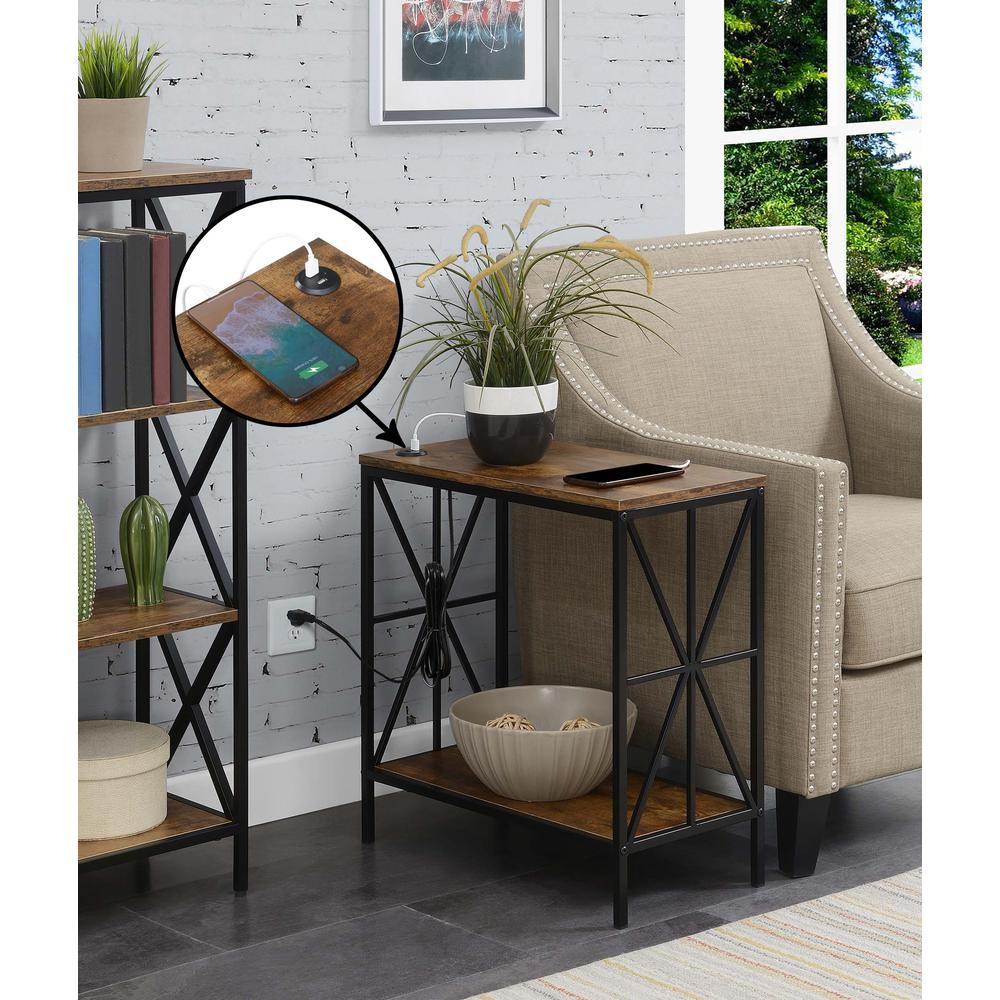 Tucson Starburst Chairside End Table by Start2Finish with barnwood and black finish, featuring charging station and storage shelf.