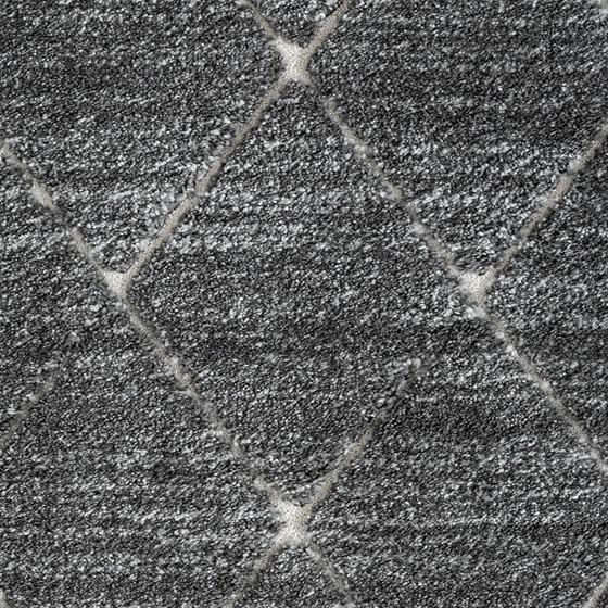 Start2Finish Talas Trellis Area Rug in grey and cream with a geometric trellis pattern on a soft fabric surface.