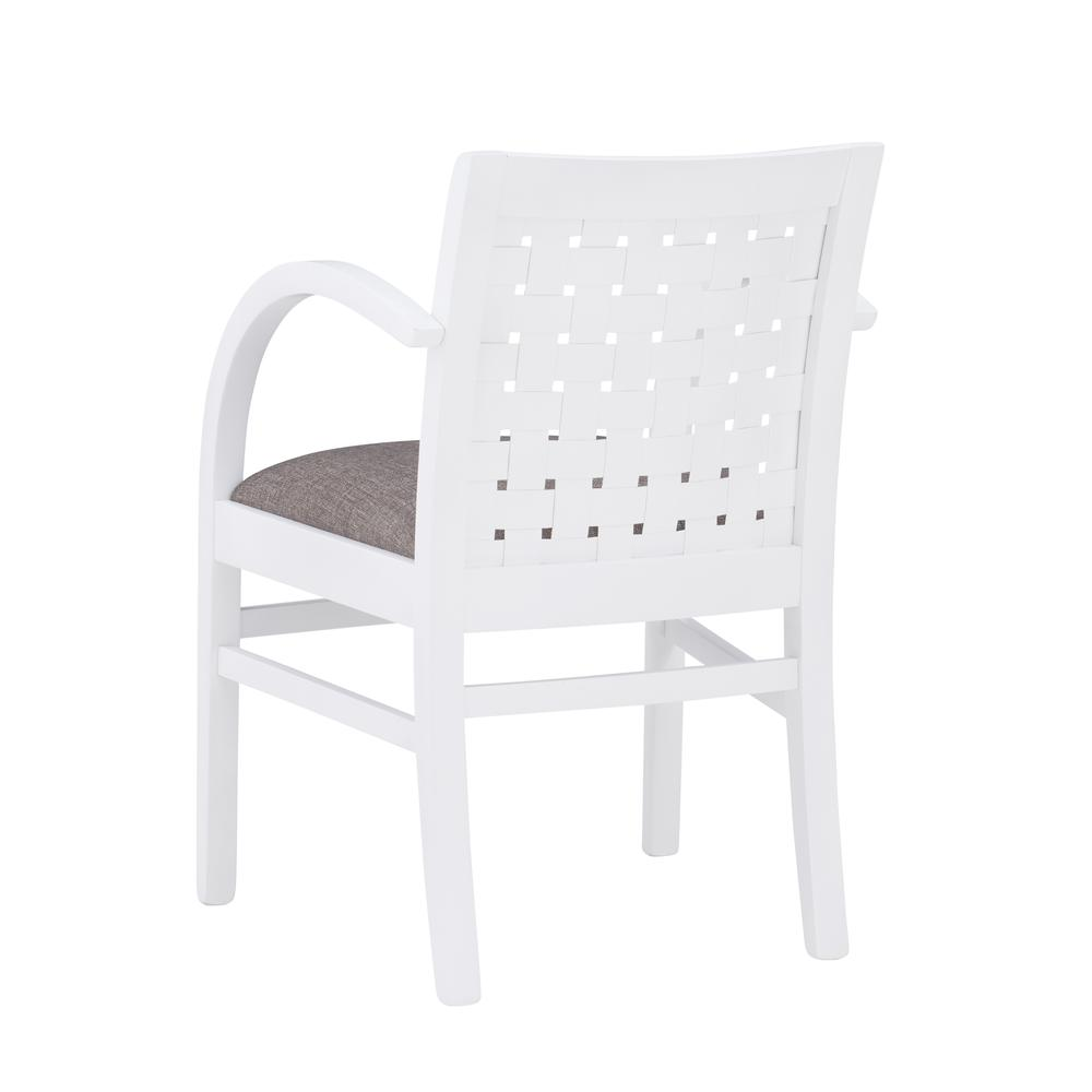 White woven arm chair with wooden legs from the Samantha Woven Arm Chair collection by Start2Finish, shown in a modern living room setting.