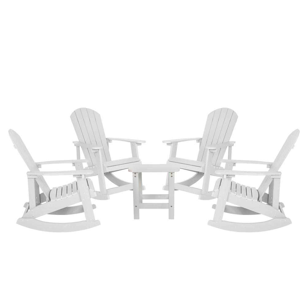 Set of 4 white Adirondack rocking chairs with matching side tables by Start2Finish, outdoor patio furniture for relaxing outdoor spaces.