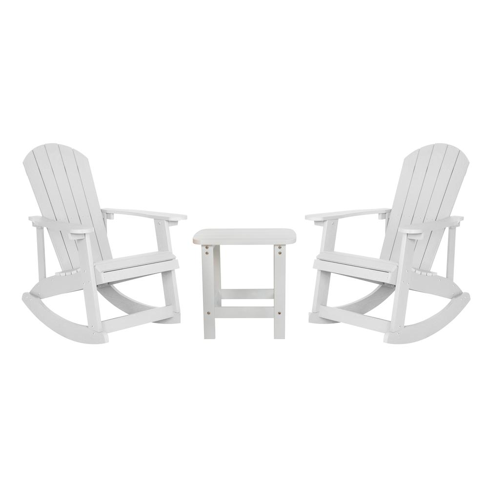 Set of 2 white Adirondack rocking chairs with side table by Start2Finish, outdoor patio furniture for relaxing and entertaining.