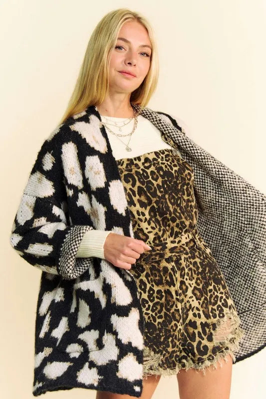 Leopard print open front long sleeve cardigan by Pear Daisy from Davi & Dani, perfect for cozy home and garden style.
